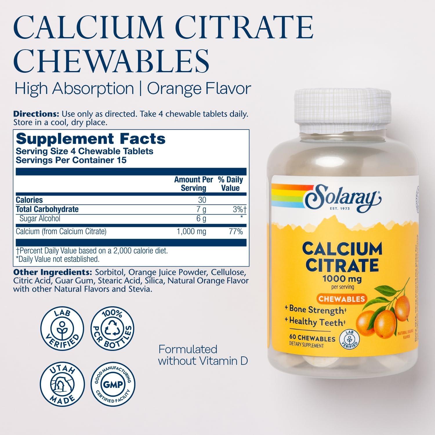 Citrato de Calcio Solaray 1000 mg Masticables Sabor Naranja