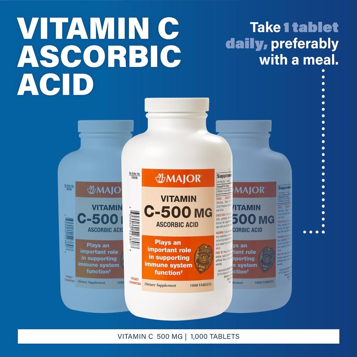 Tabletas de Vitamina C 500 mg Major - Suplemento Dietético 1000 Unidades