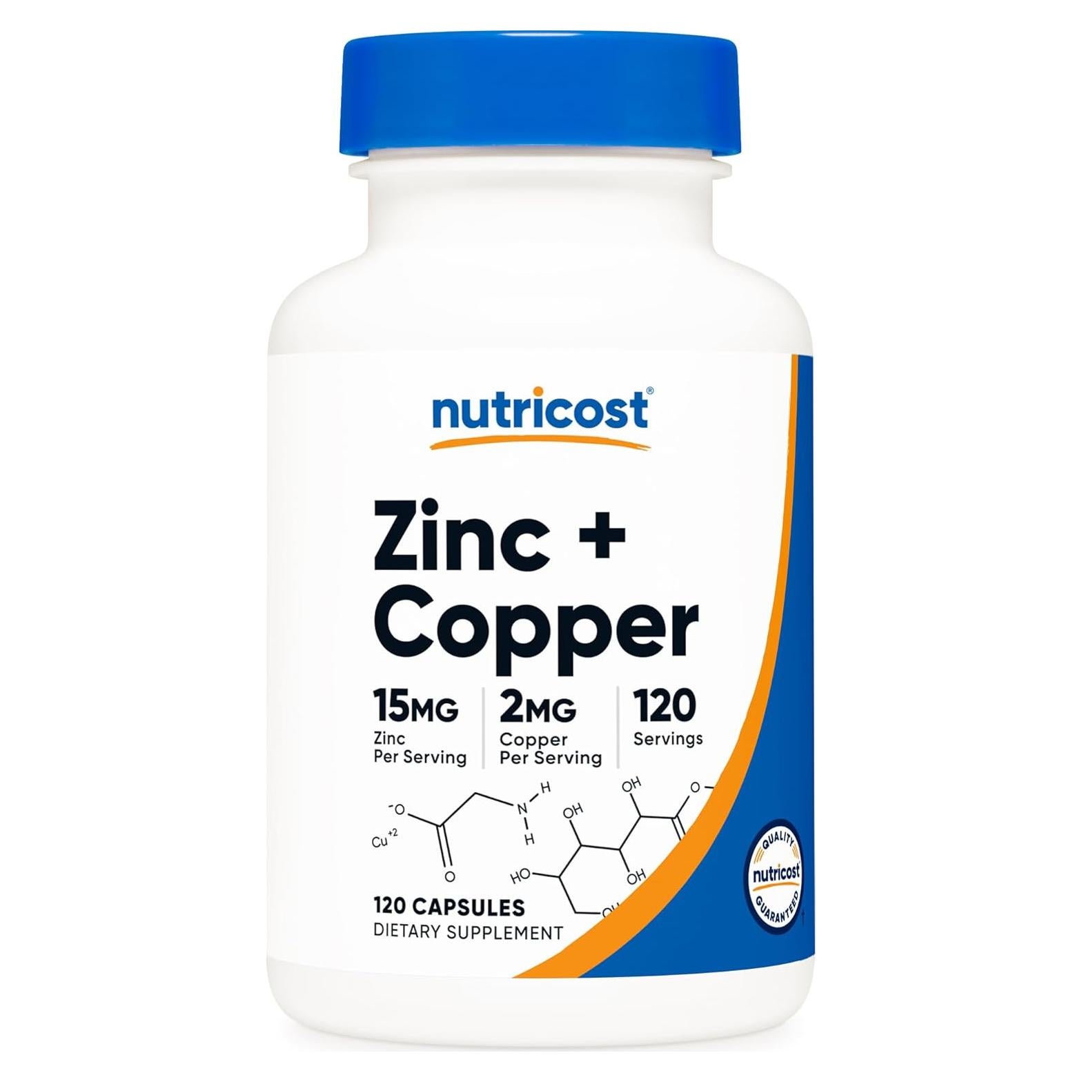 Cápsulas de Zinc + Cobre Nutricost 120 Porciones 15mg Zinc 2mg Cobre