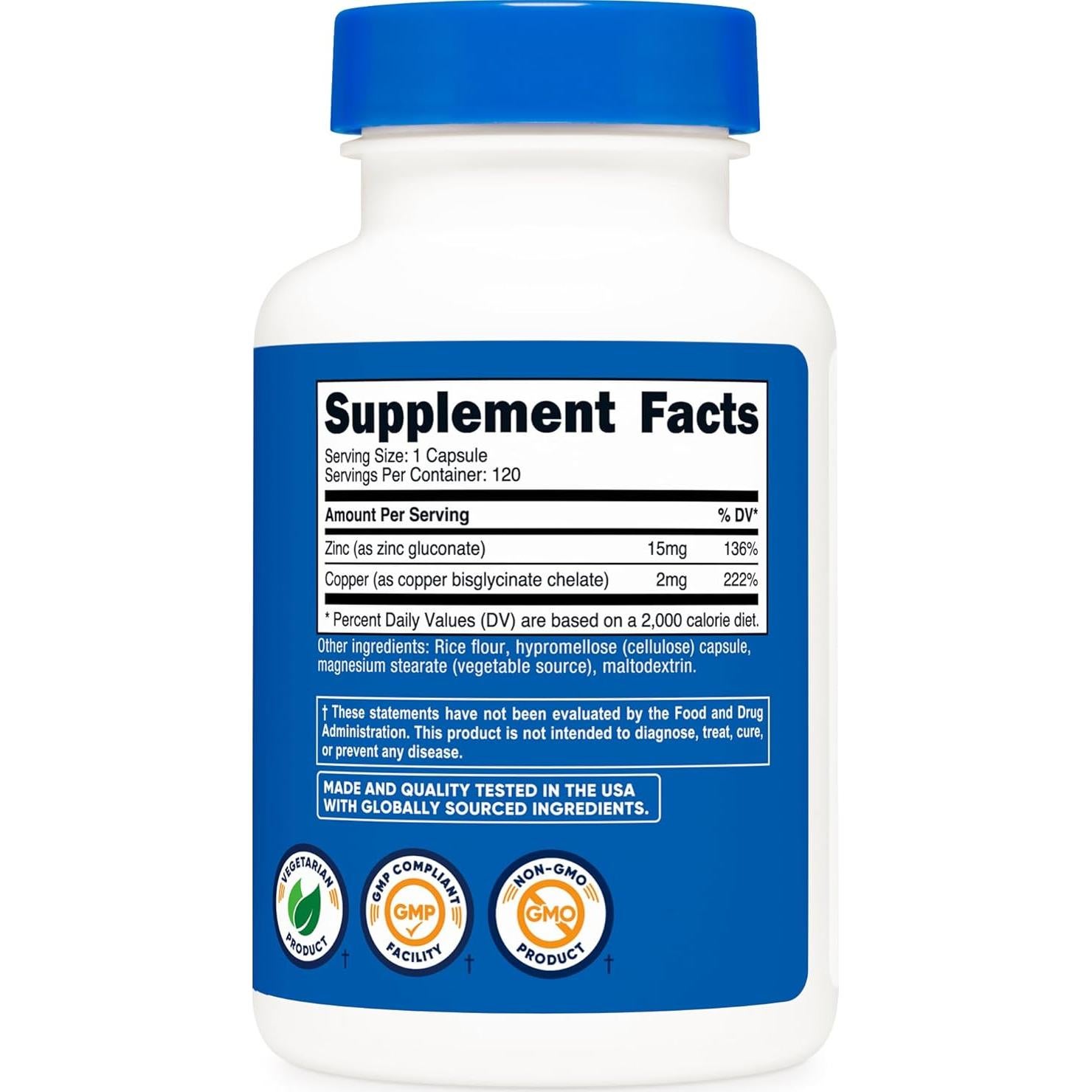 Cápsulas de Zinc + Cobre Nutricost 120 Porciones 15mg Zinc 2mg Cobre