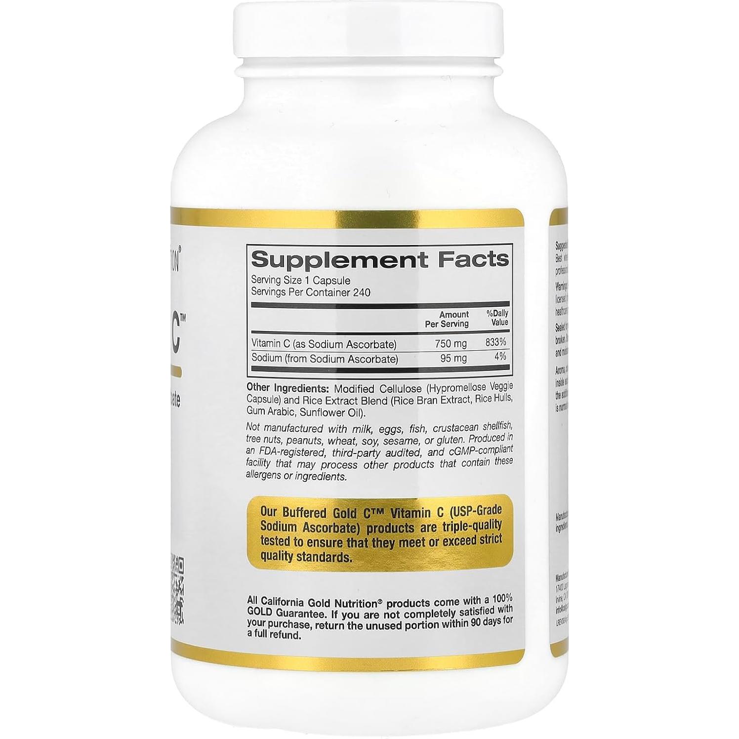 Suplemento Vitamina C Buffered Gold California Gold 750 mg 240 Cápsulas