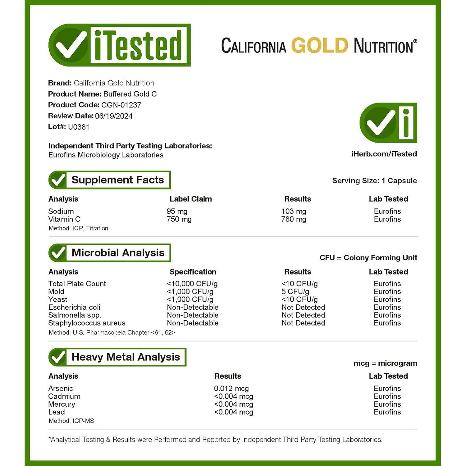 Suplemento Vitamina C Buffered Gold California Gold 750 mg 240 Cápsulas