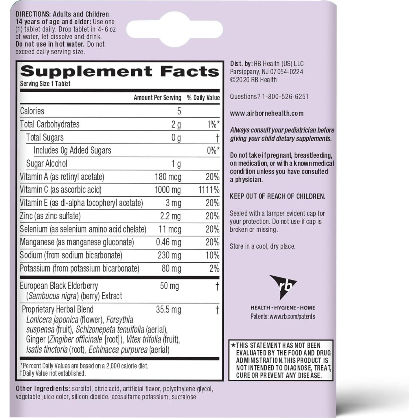 Tabletas Efervescentes Airborne Saúco 20 Unidades 1000mg Vitamina C