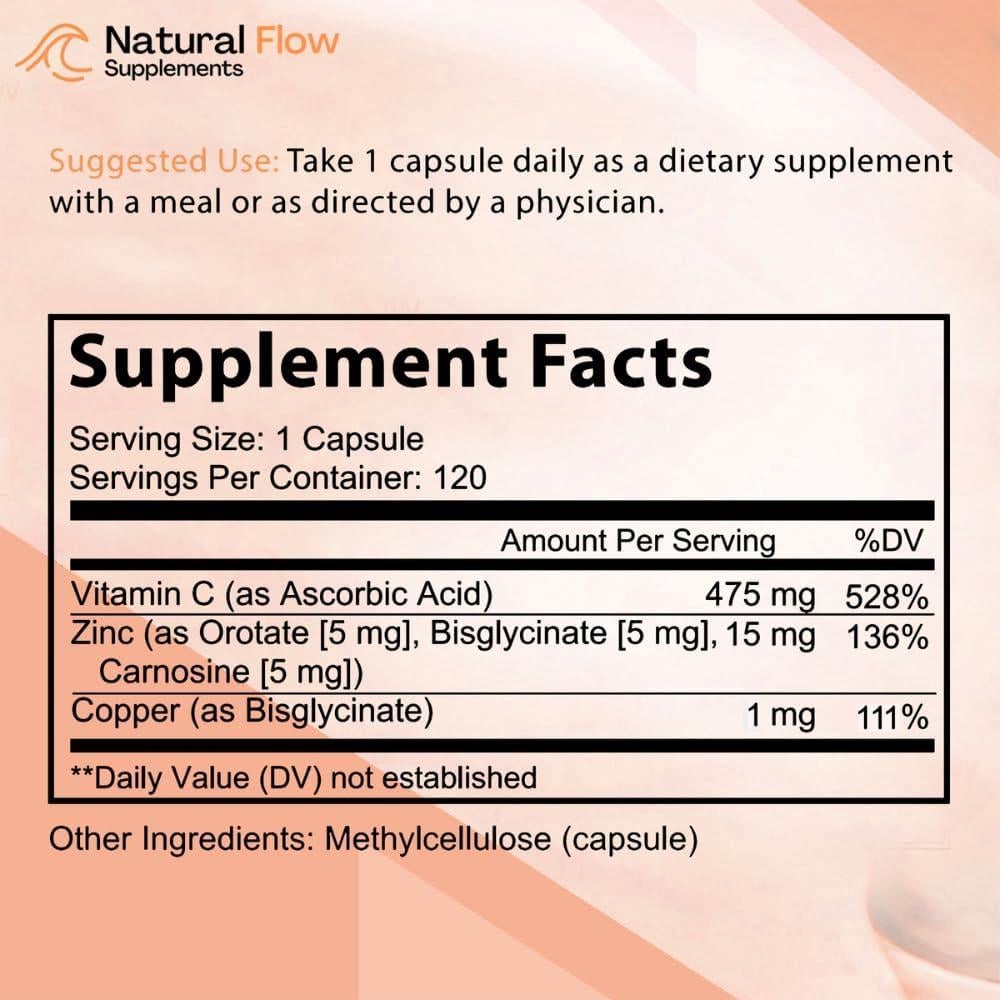 Suplemento de Zinc con Cobre y Vitamina C Natural Flow 120 Cápsulas