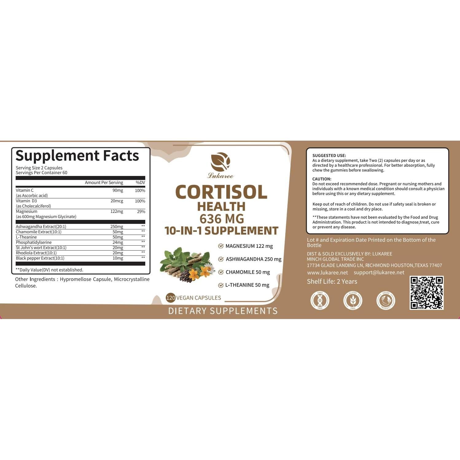 Suplemento de Cortisol 10-en-1 Lukaree 120 Cápsulas Veganas