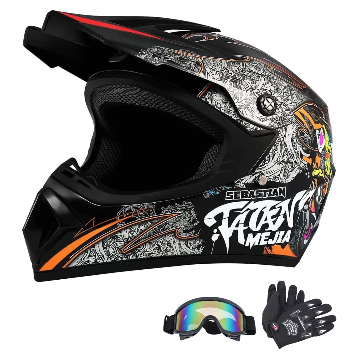 Casco de Motocross Senhill Grande Negro con Gafas y Guantes