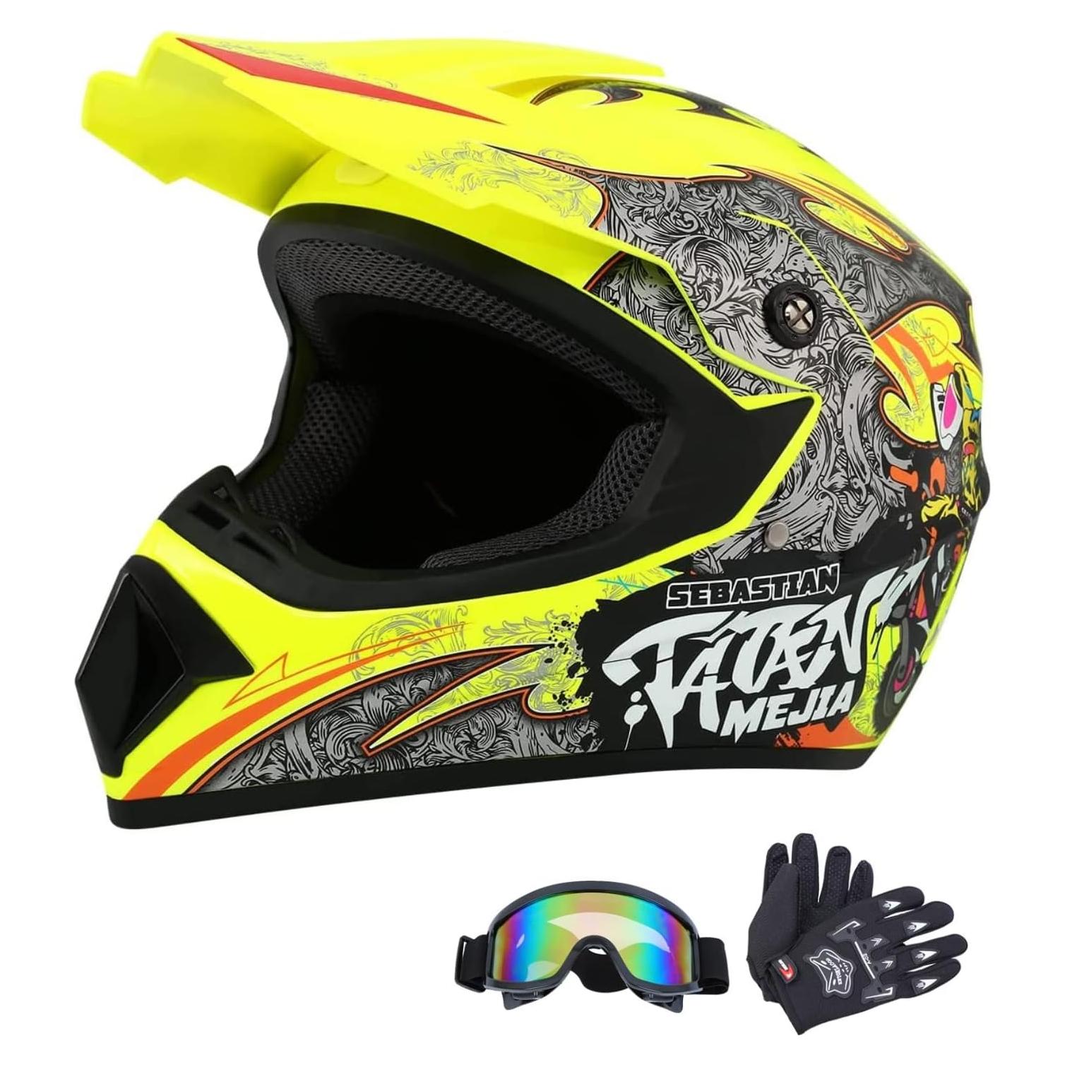 Casco de Motocross Senhill Grande Amarillo con Guantes y Gafas