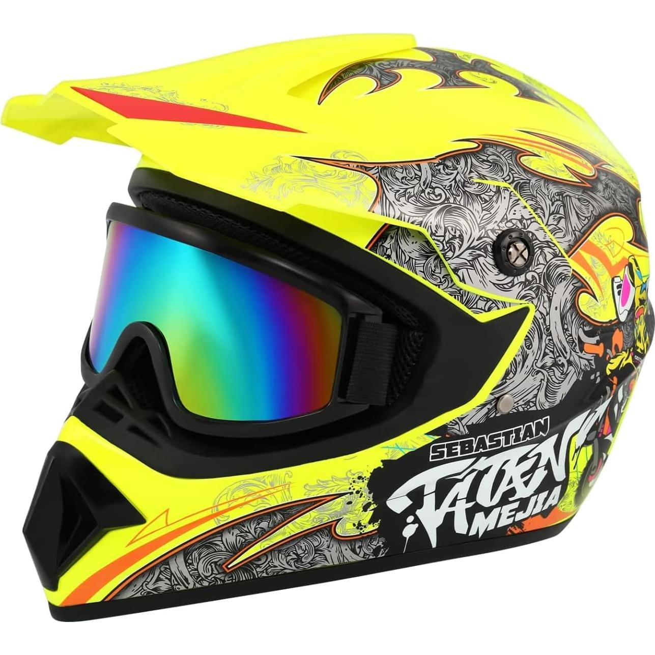 Casco de Motocross Senhill Grande Amarillo con Guantes y Gafas