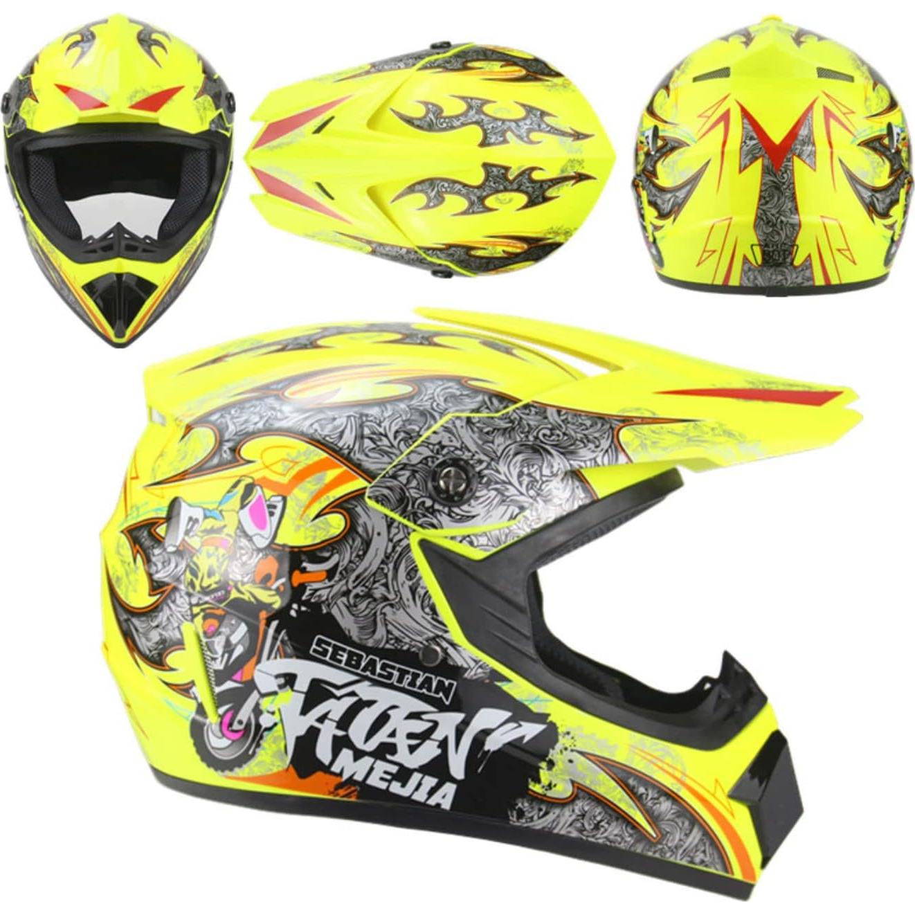 Casco de Motocross Senhill Grande Amarillo con Guantes y Gafas