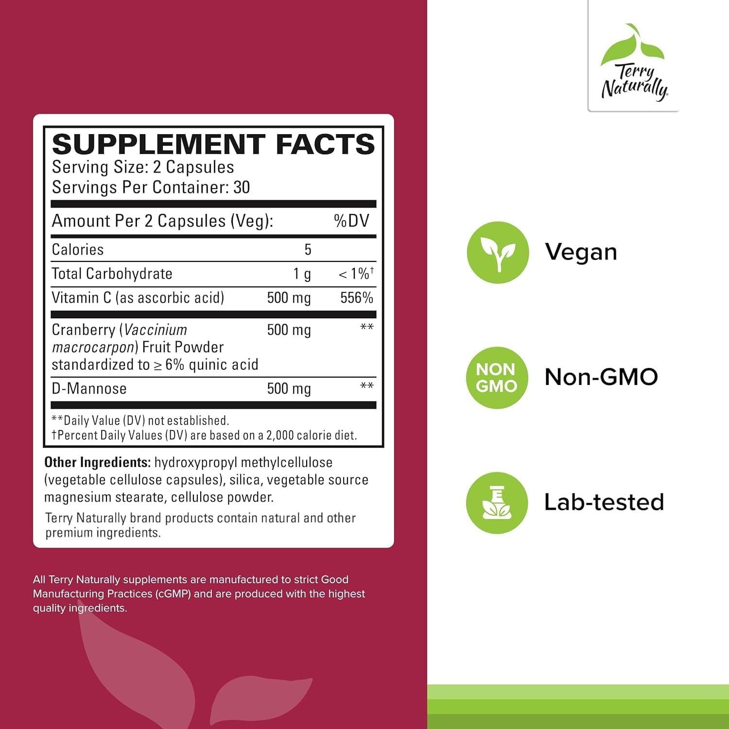 Suplemento Urinario Terry Naturally con Arándano y D-Mannosa - 60 Cápsulas