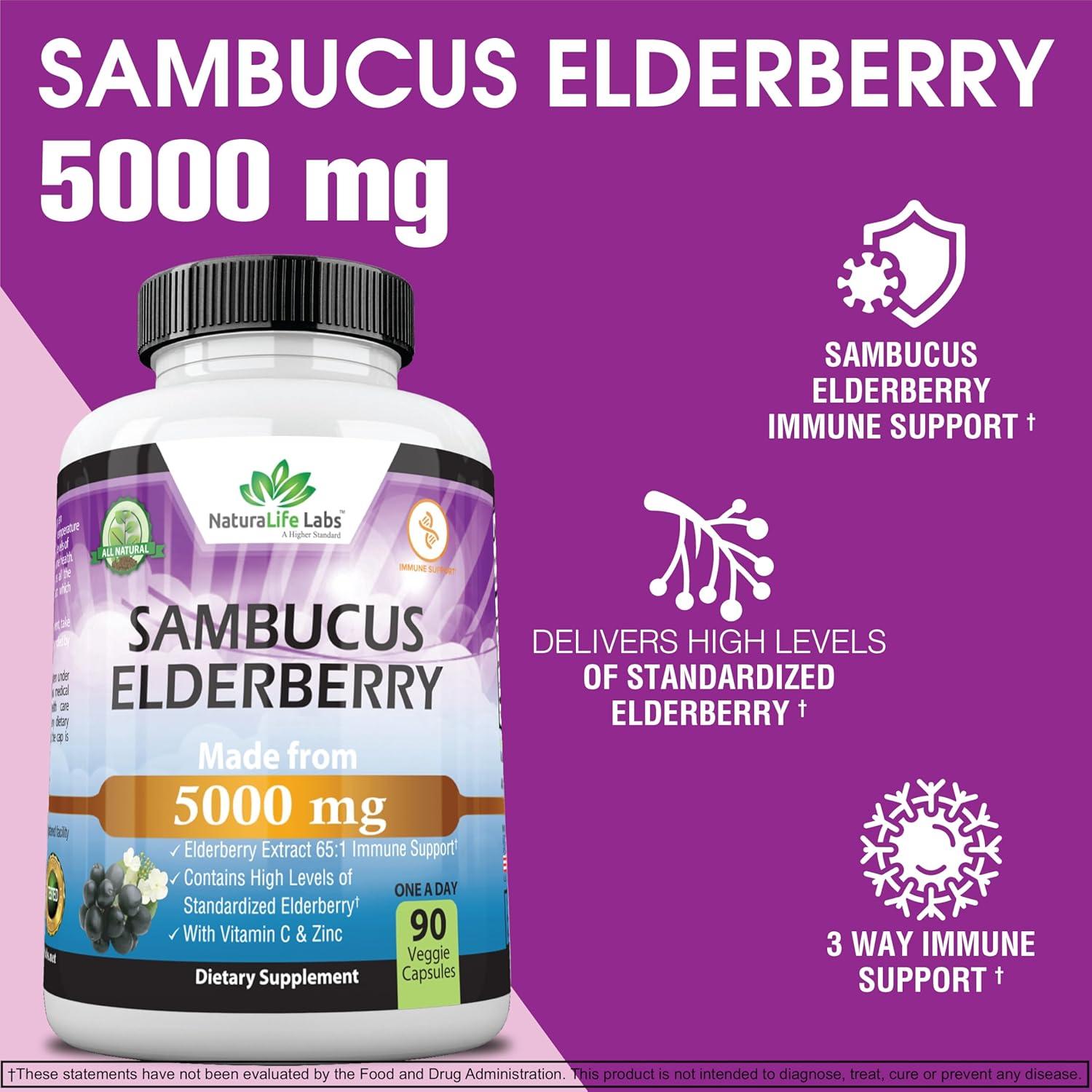 NaturaLife Labs Sambucus Elderberry 5000 mg con Vitamina C y Zinc - 90 Cápsulas Veganas
