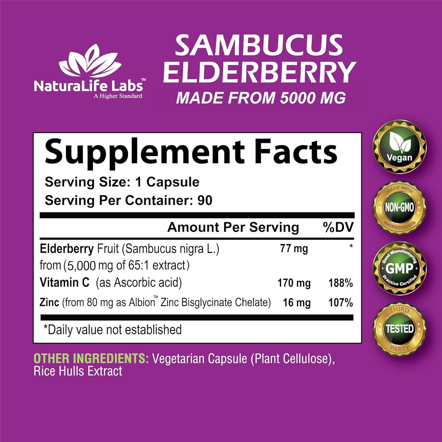 NaturaLife Labs Sambucus Elderberry 5000 mg con Vitamina C y Zinc - 90 Cápsulas Veganas