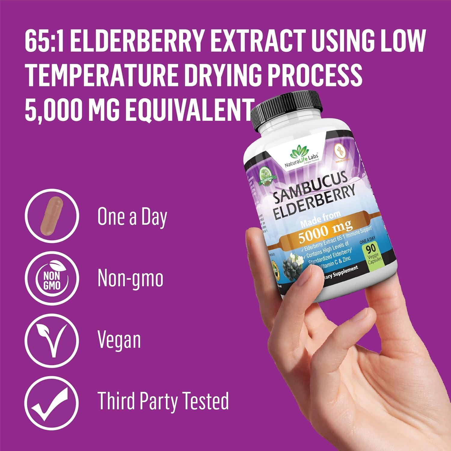 NaturaLife Labs Sambucus Elderberry 5000 mg con Vitamina C y Zinc - 90 Cápsulas Veganas