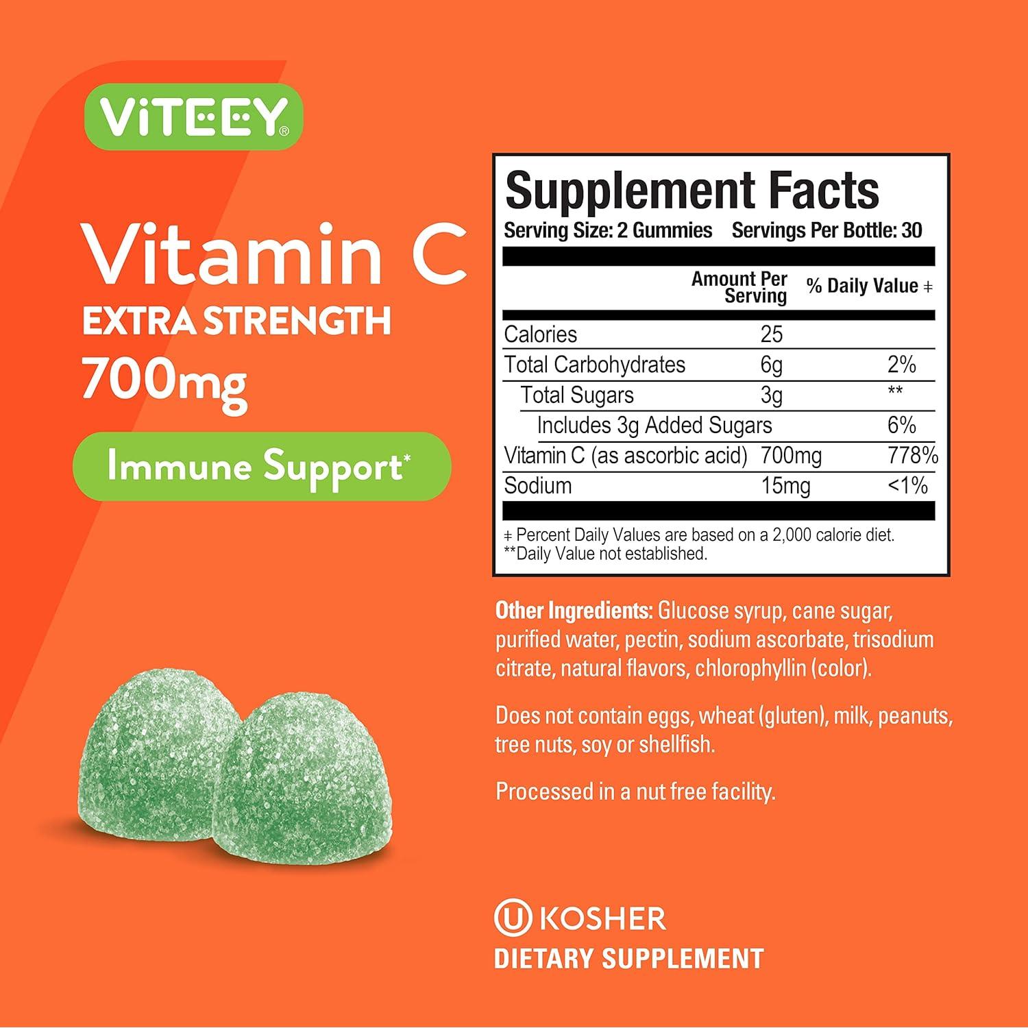 Gomitas de Vitamina C Viteey 700mg Veganas Sabor Manzana 60 Unidades