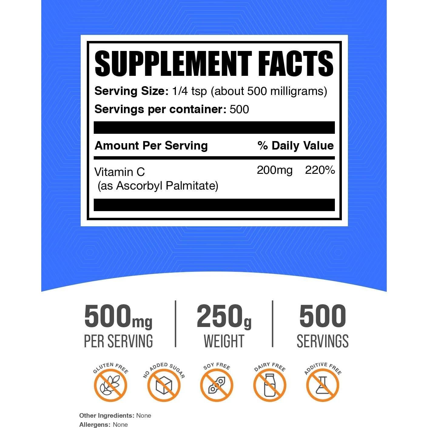 Polvo de Palmitato de Ascorbilo BulkSupplements 250g - Vitamina C