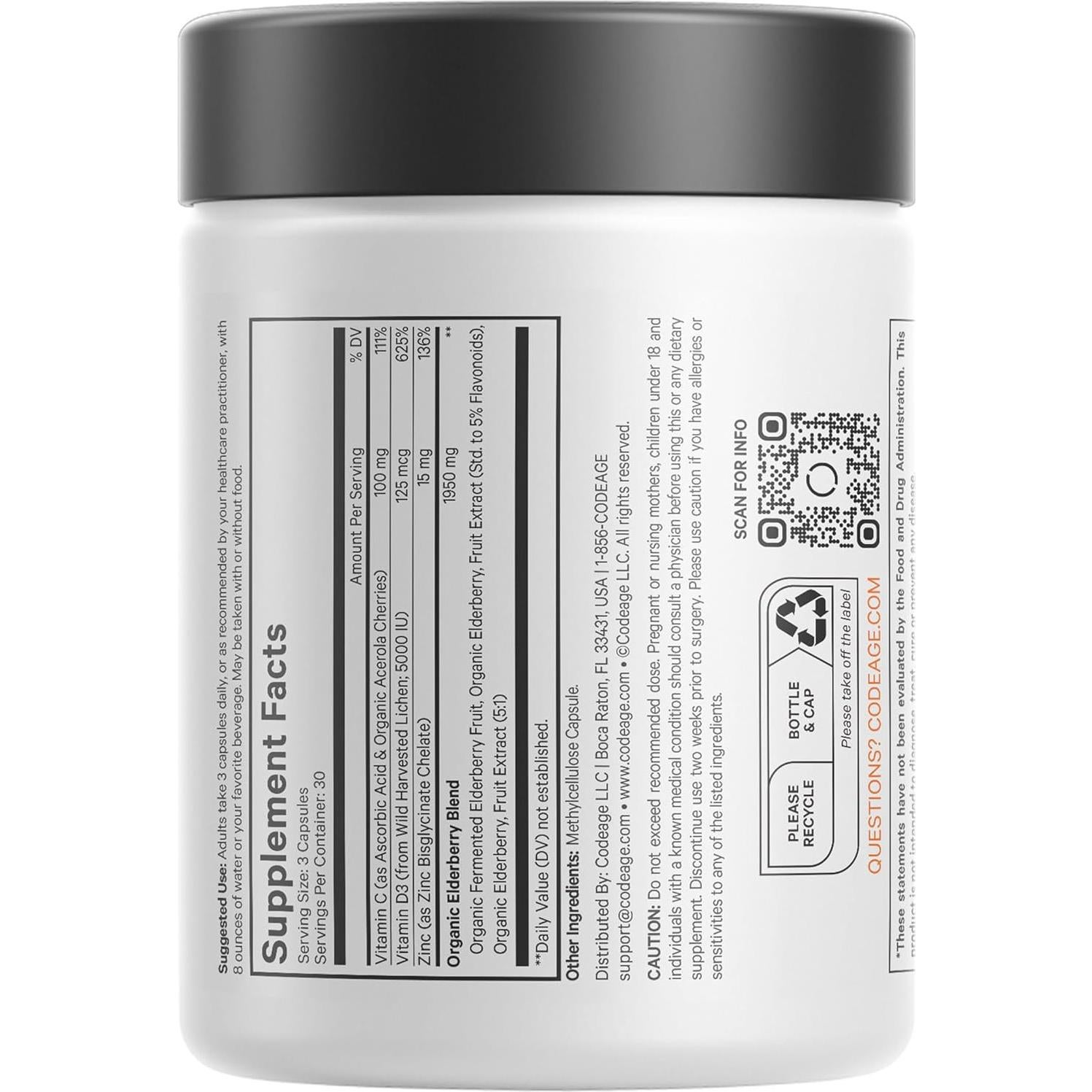 Vitaminas de Saúco Codeage - 90 Cápsulas Orgánicas con Vitamina C y D3