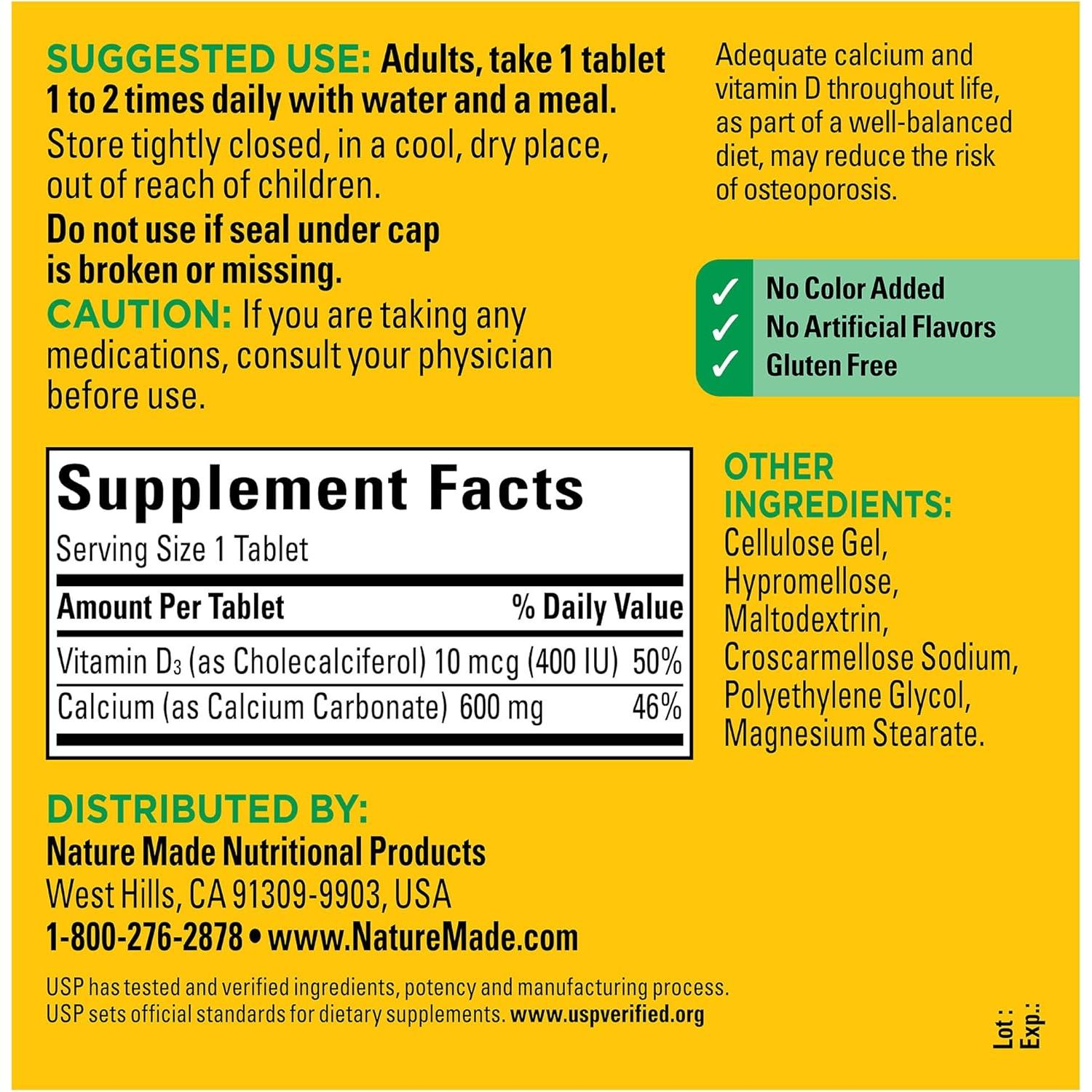 Suplemento de Calcio 600 mg con Vitamina D3 Nature Made 220 Tabletas