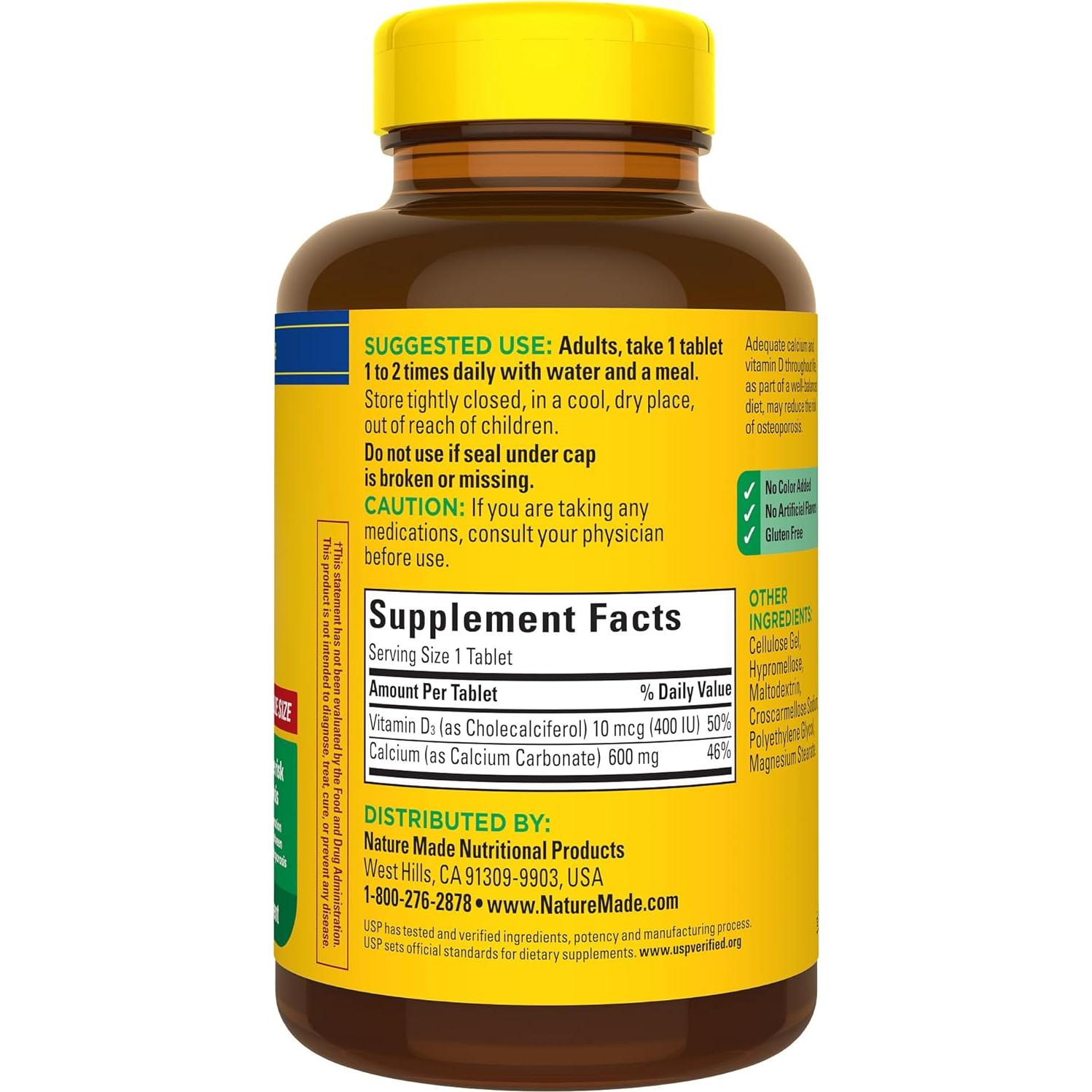 Suplemento de Calcio 600 mg con Vitamina D3 Nature Made 220 Tabletas