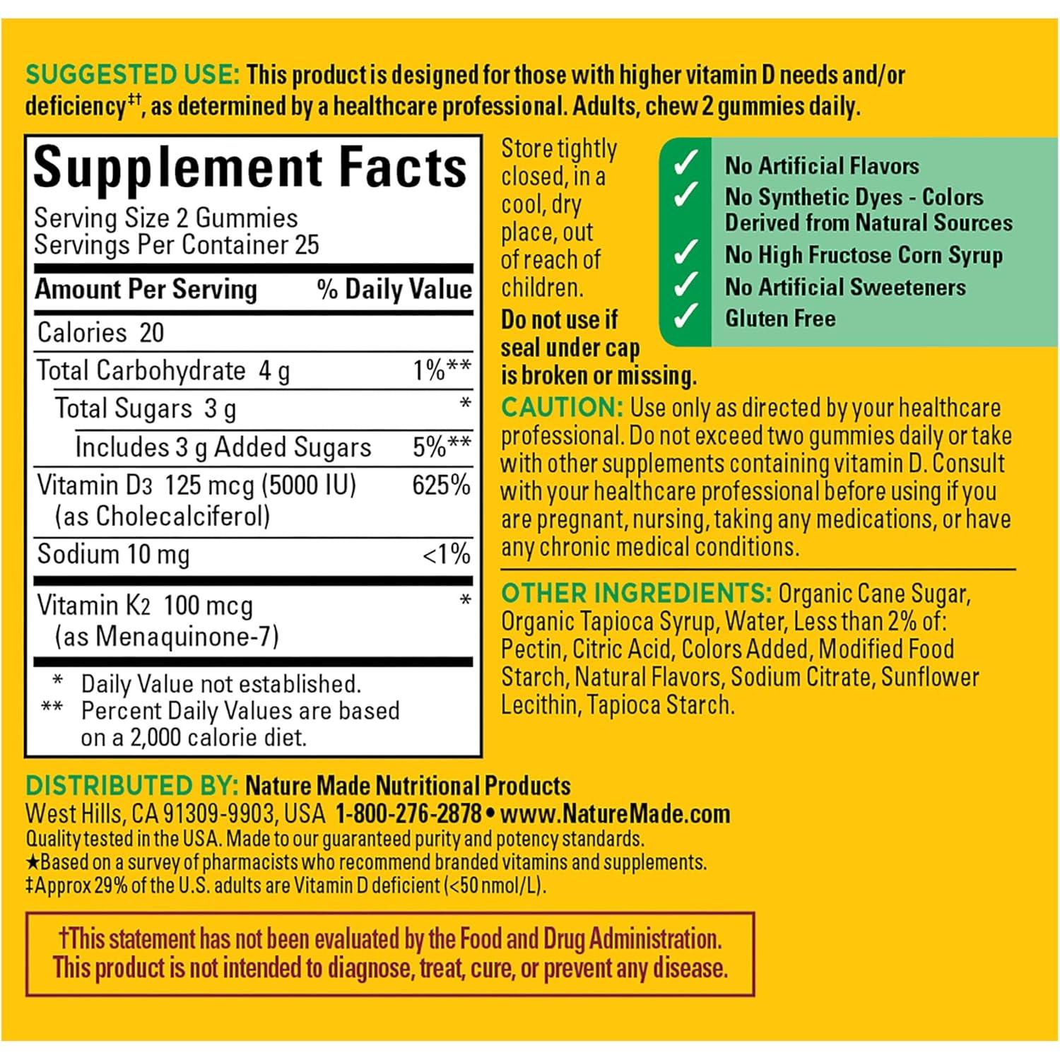 Gomitas de Vitamina D3 K2 Nature Made 5000 UI 50 unidades