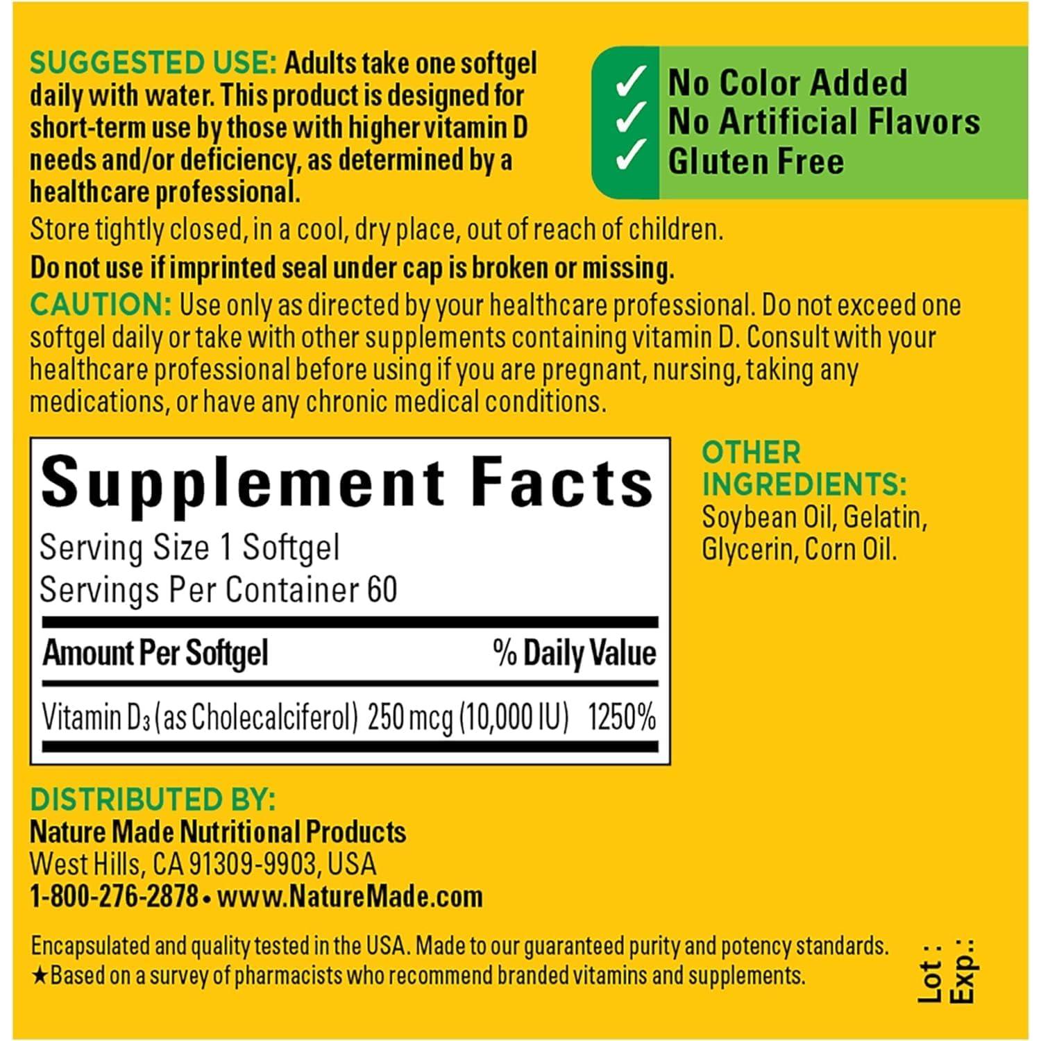 Nature Made Vitamina D3 10000 UI 250 mcg - 60 Gelatinas Blandas x2