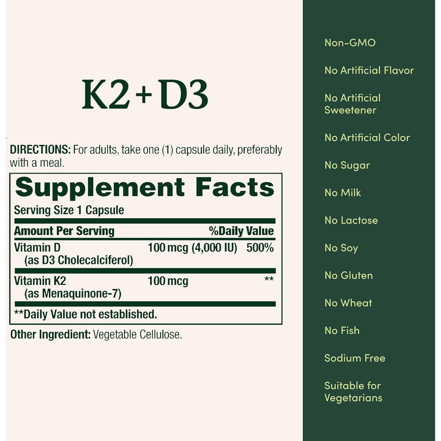 Suplemento Vitamina D3 K2 Nature's Bounty 60 Cápsulas