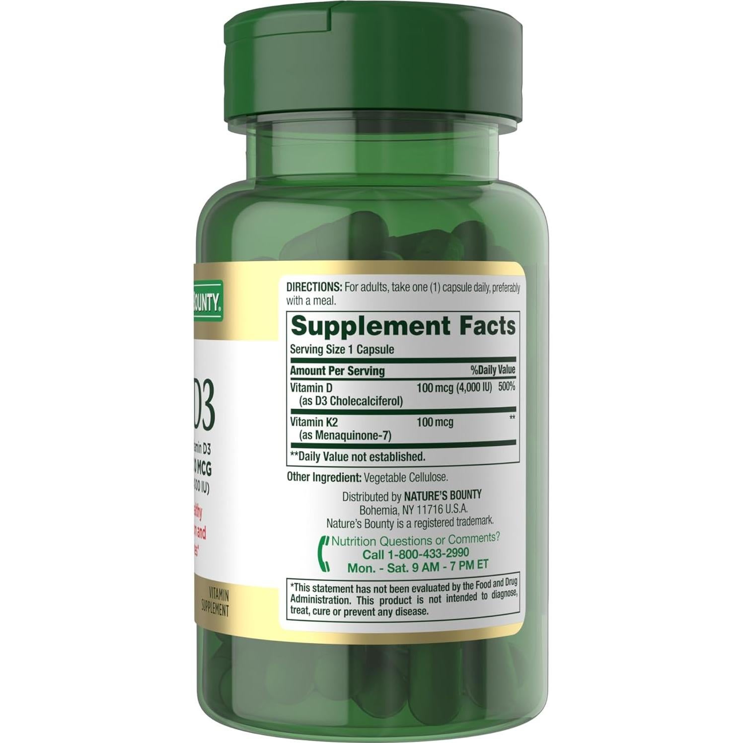 Suplemento Vitamina D3 K2 Nature's Bounty 60 Cápsulas