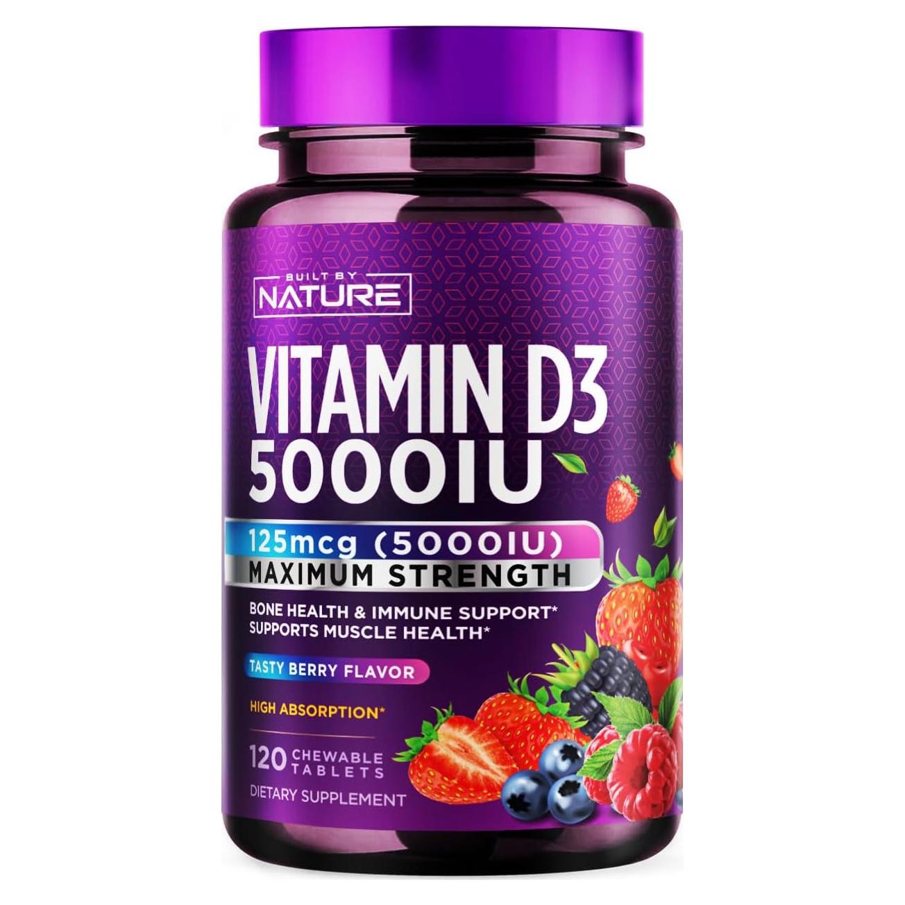 Vitamina D3 Masticable 5000 UI Construido por Naturaleza - 120 Tabletas Sin Azúcar Sabor Baya