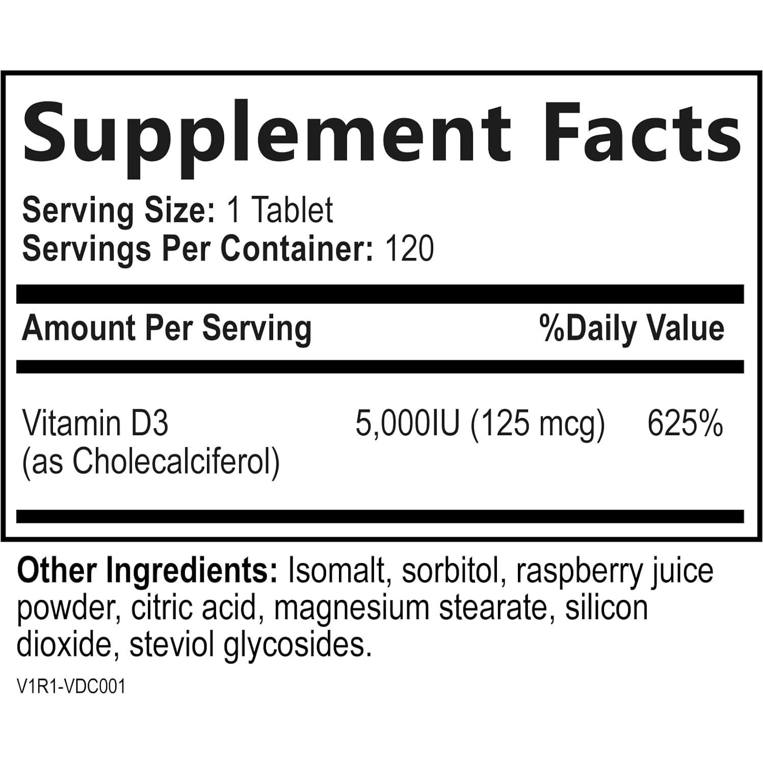 Vitamina D3 Masticable 5000 UI Construido por Naturaleza - 120 Tabletas Sin Azúcar Sabor Baya
