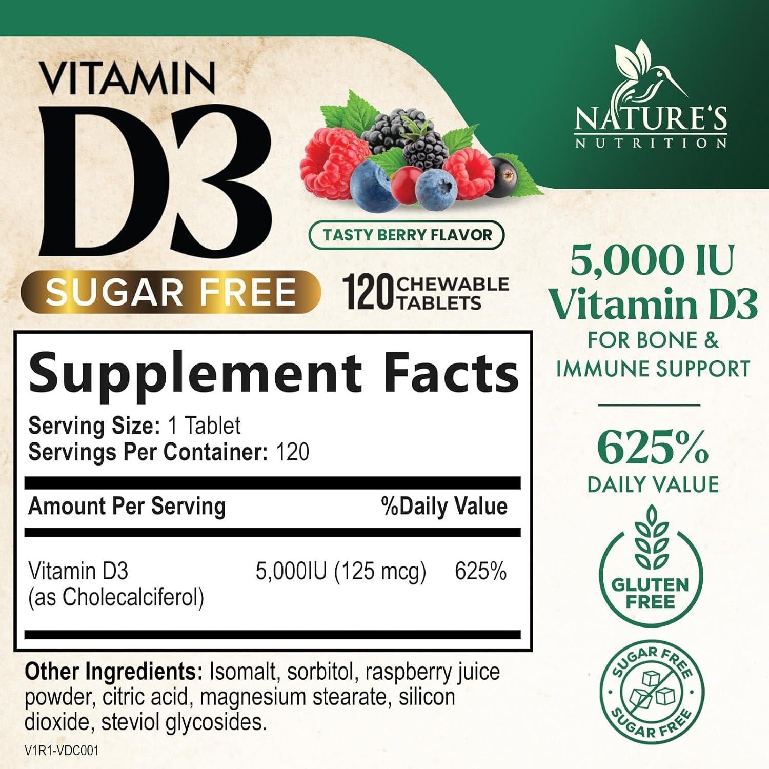 Vitamina D3 5000 UI Nature's Nutrition - 120 Tabletas Masticables