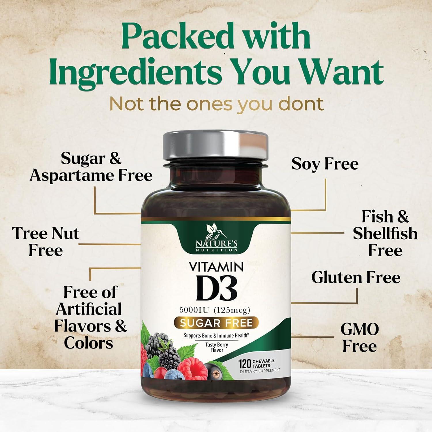 Vitamina D3 5000 UI Nature's Nutrition - 120 Tabletas Masticables