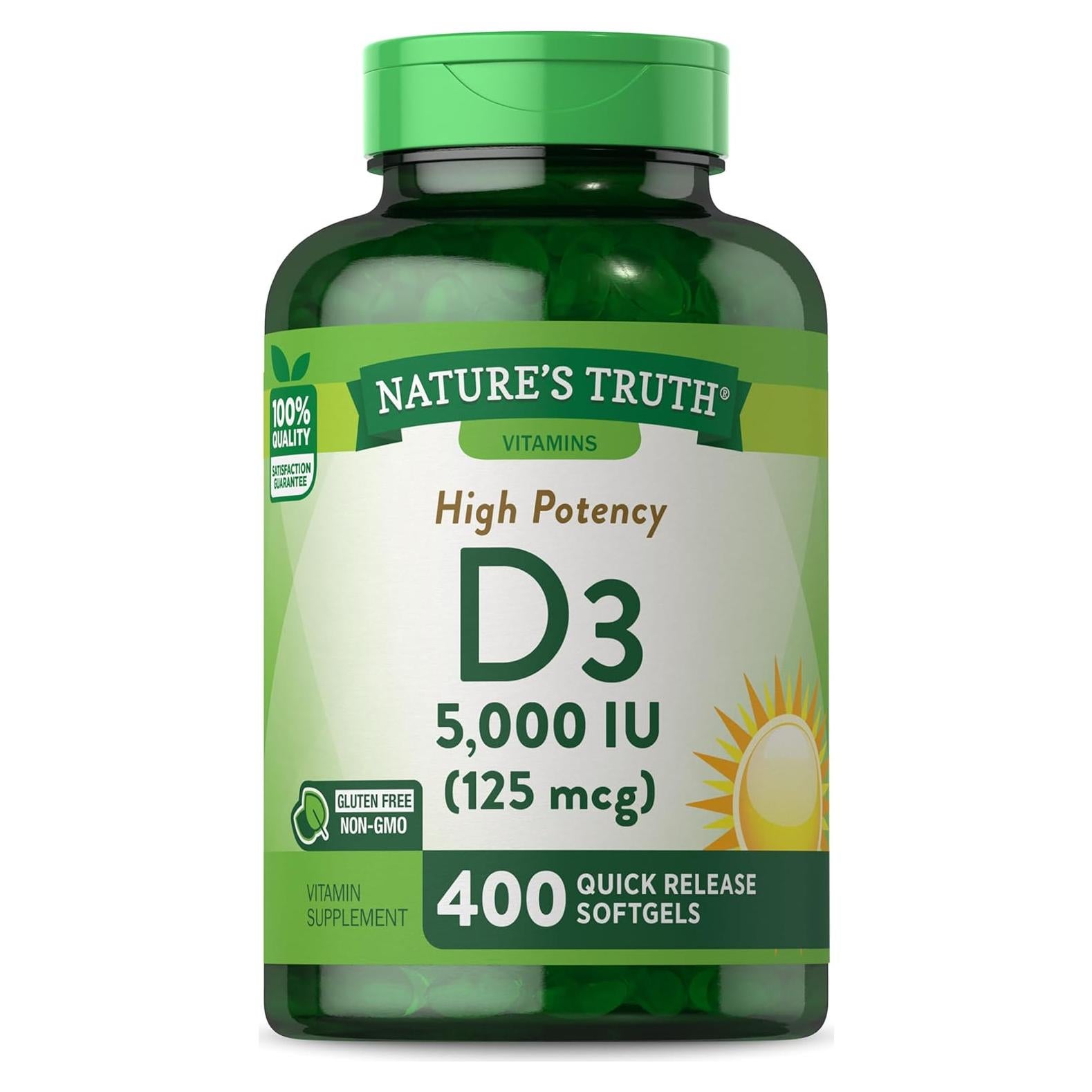 Suplemento Vitamina D3 5000 UI Nature's Truth 400 Cápsulas