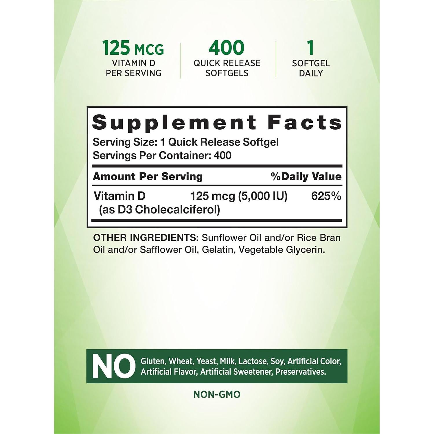 Suplemento Vitamina D3 5000 UI Nature's Truth 400 Cápsulas