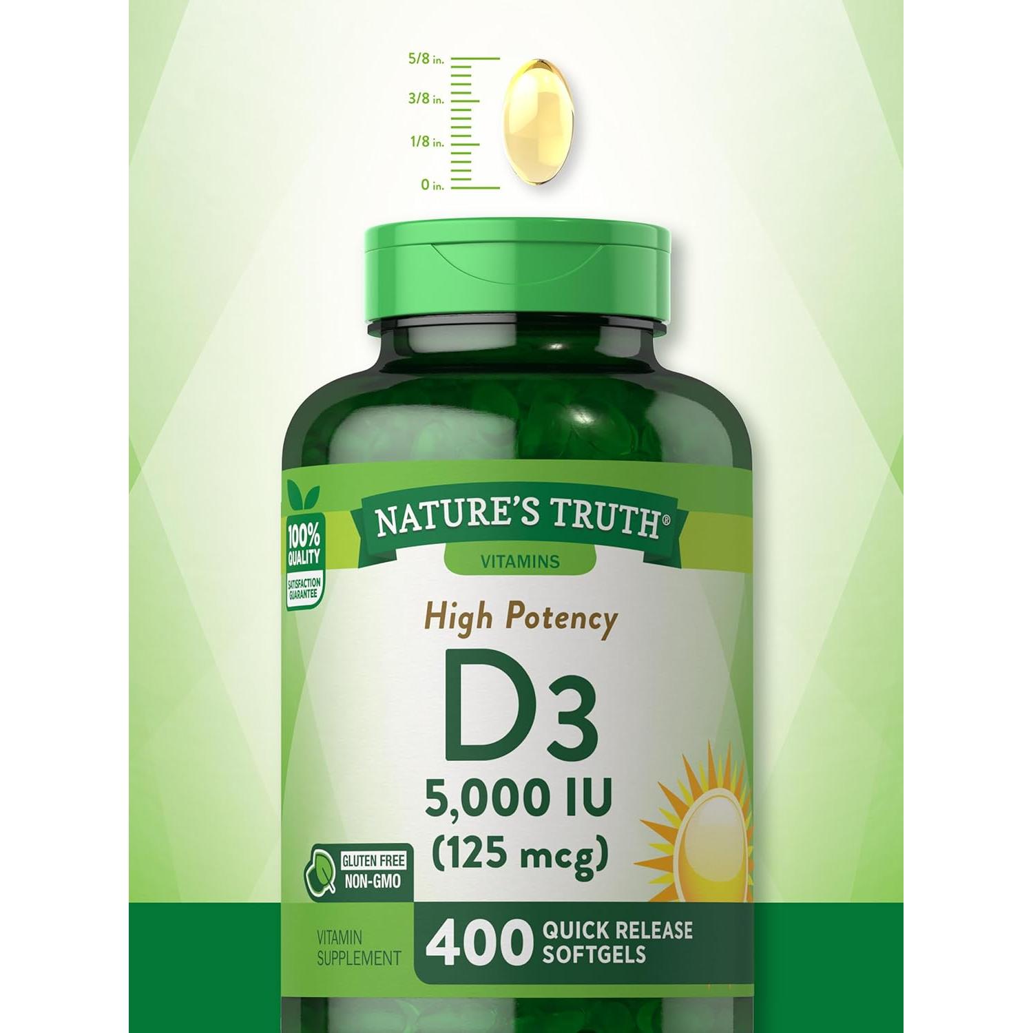 Suplemento Vitamina D3 5000 UI Nature's Truth 400 Cápsulas