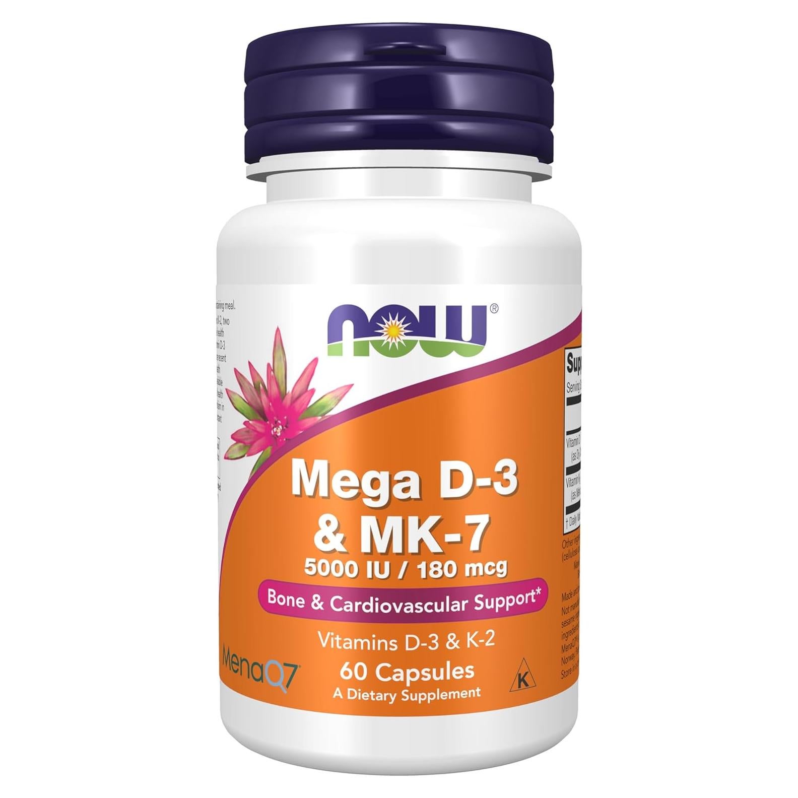 Suplemento Vegano NOW Mega D-3 y K-2 60 Cápsulas 5000 UI