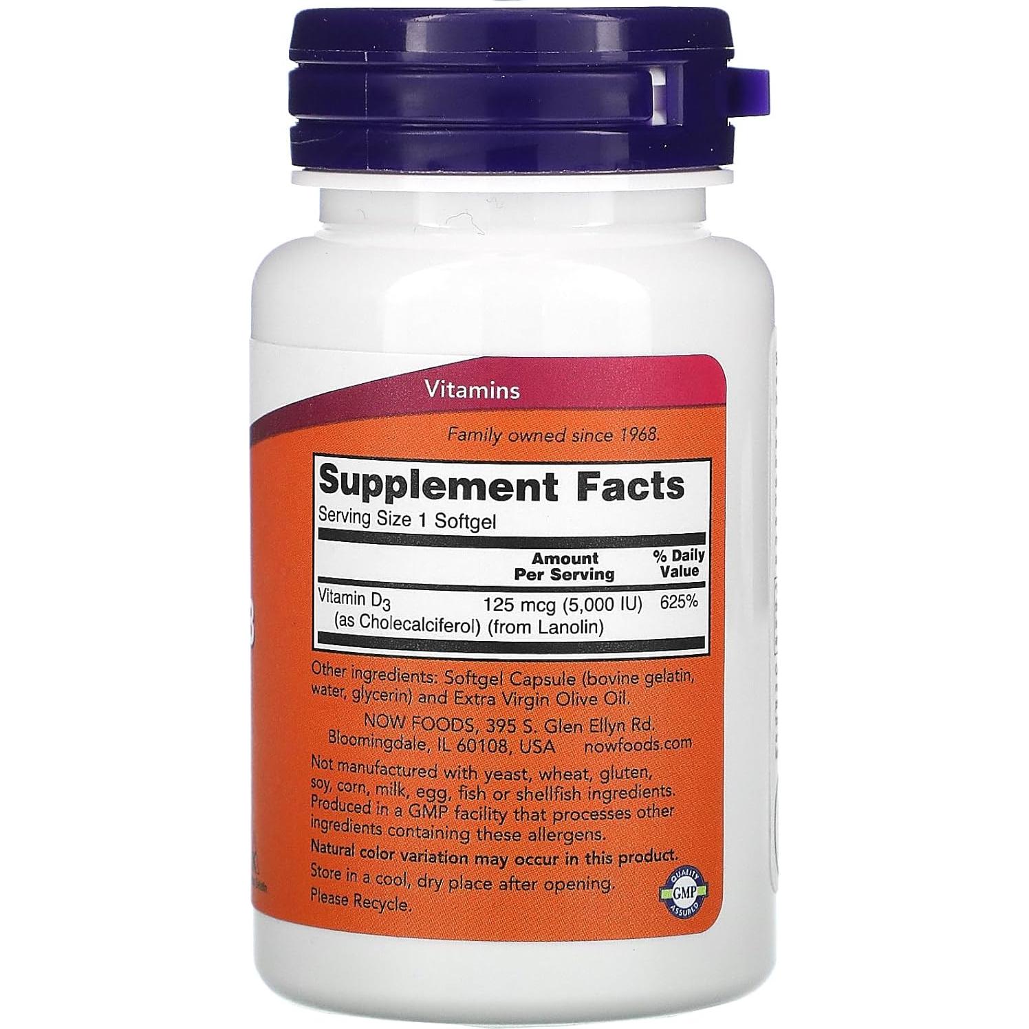 Vitamina D-3 5000 UI Now Foods 120 Gelatinas Blandas Alta Potencia