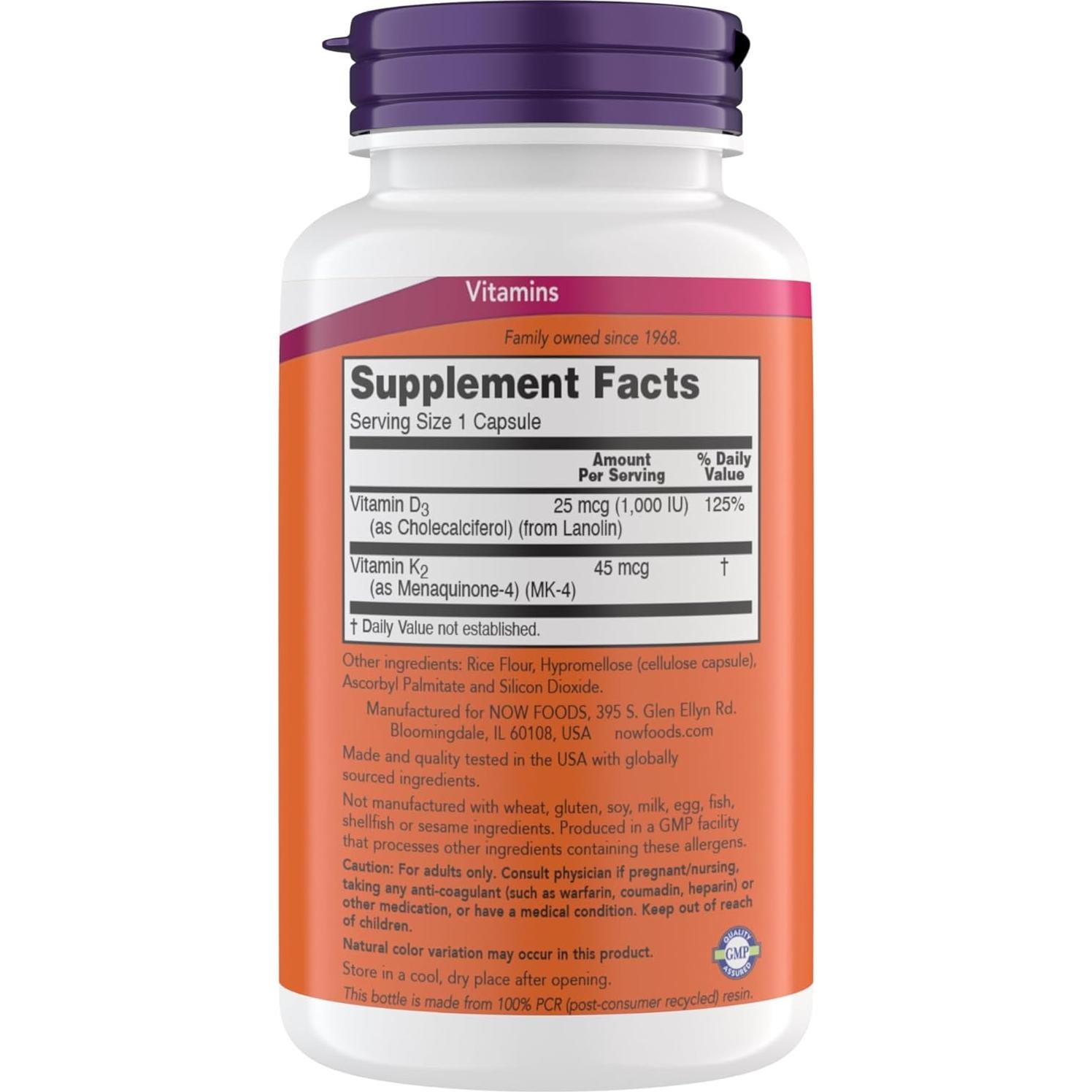 Vitamina D3 K2 Now 1000 UI 45 mcg 180 Cápsulas Vegetarianas