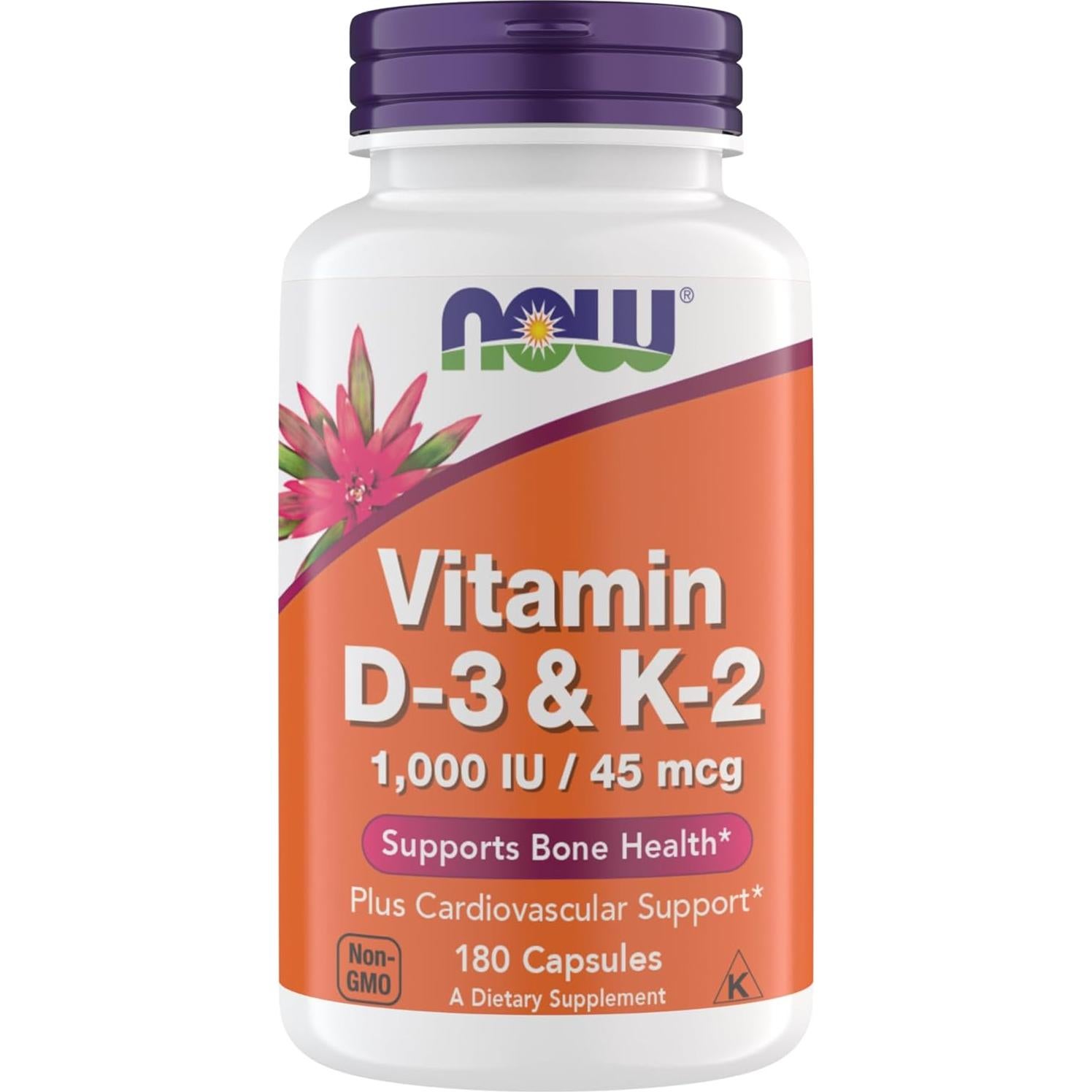 Vitamina D3 K2 Now 1000 UI 45 mcg 180 Cápsulas Vegetarianas