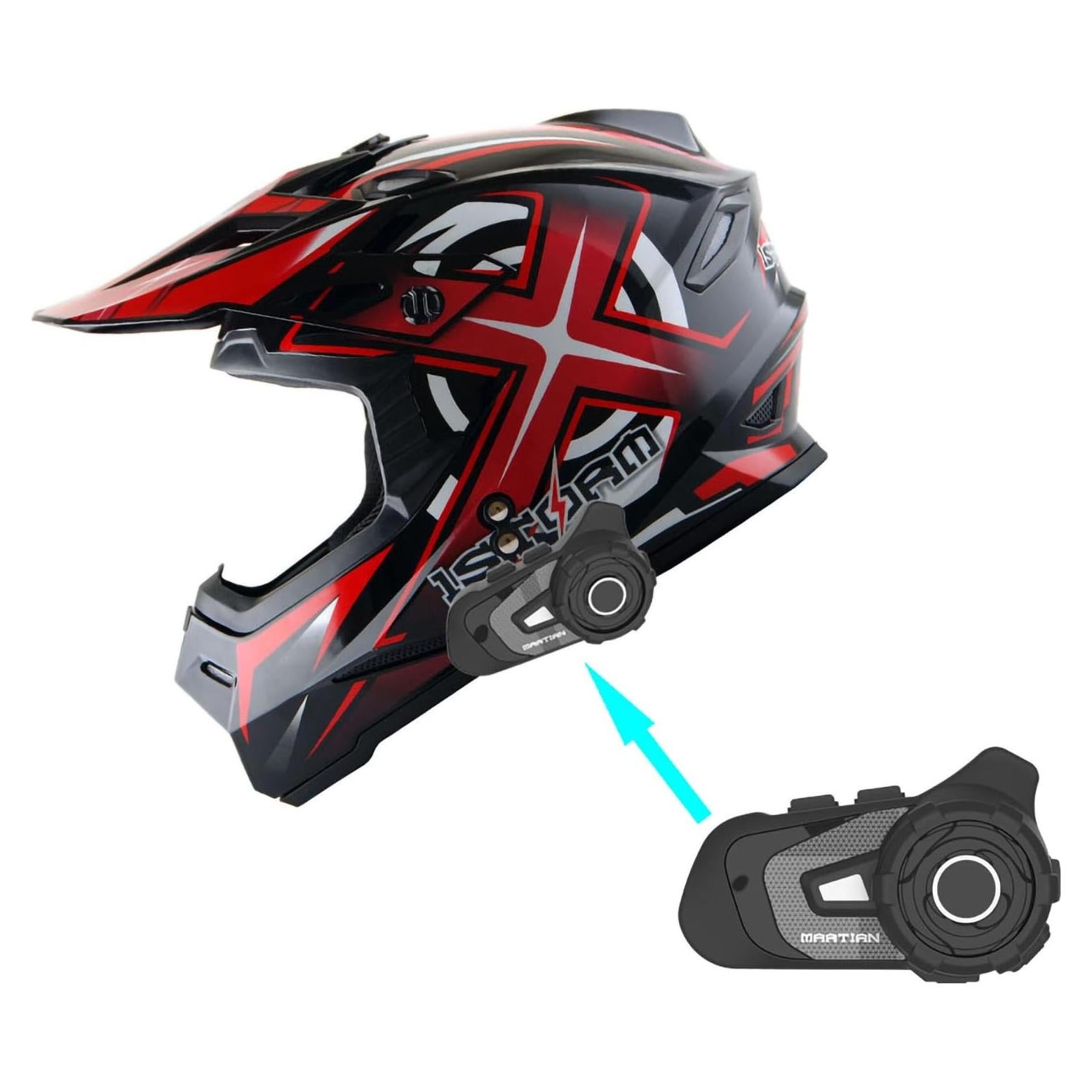 Casco de Motocross Power Gear HF801 Rojo + Auricular Bluetooth