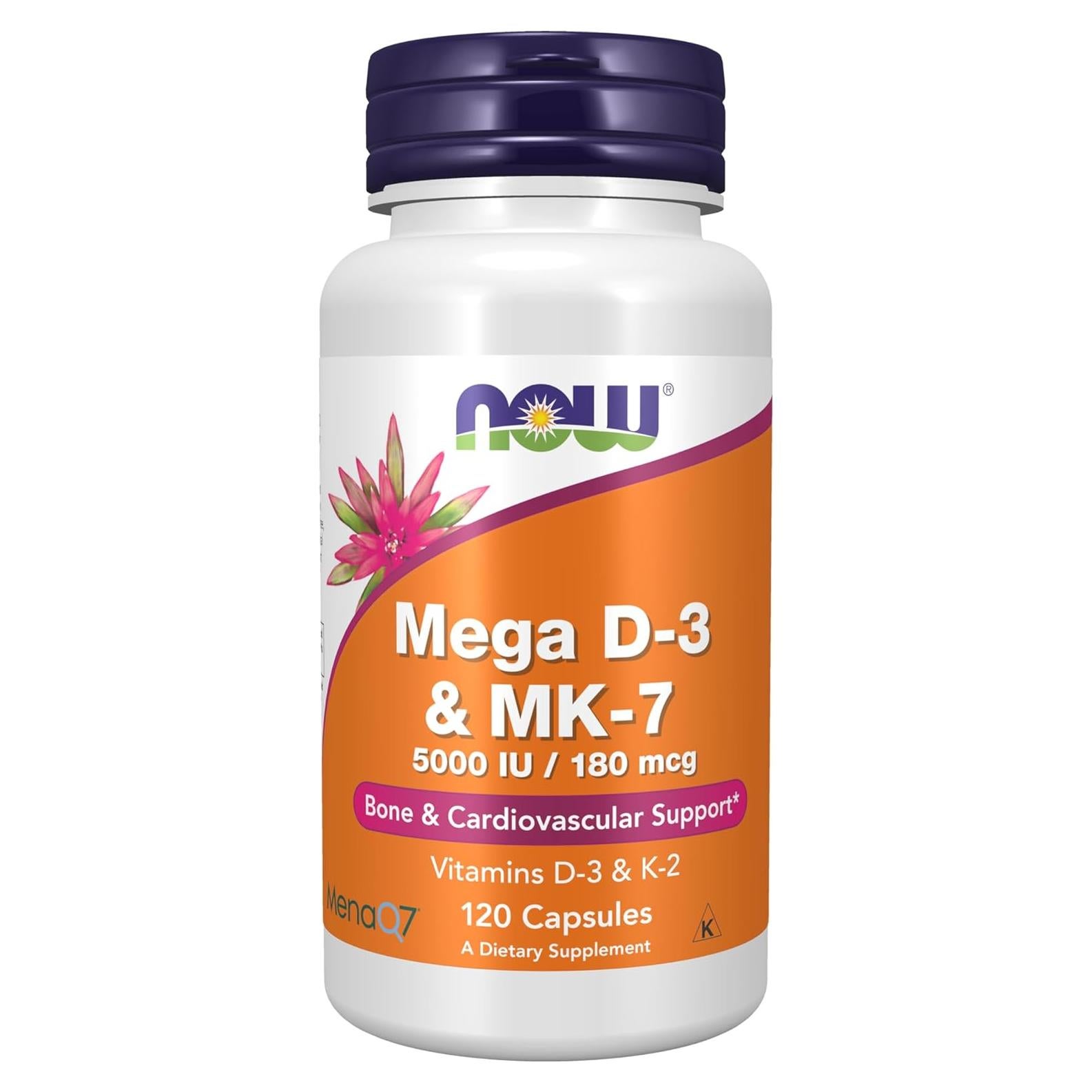 NOW Mega D-3 y K-2 MK-7 5000 UI 180 mcg 120 Cápsulas