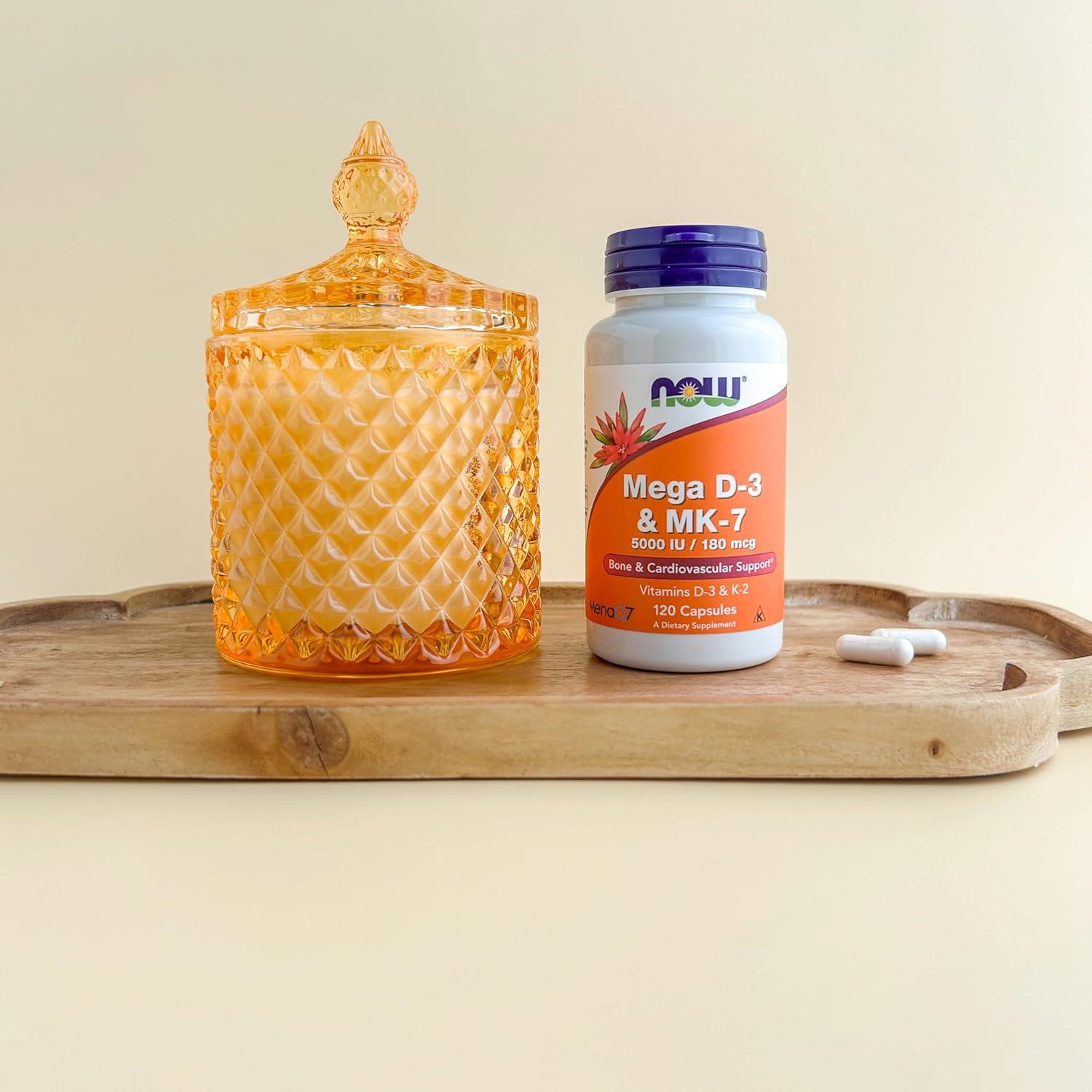 NOW Mega D-3 y K-2 MK-7 5000 UI 180 mcg 120 Cápsulas