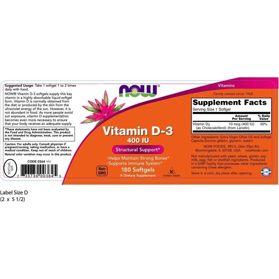 NOW Vitamina D-3 400UI 180 Gelatinas Blandas Paquete de 3
