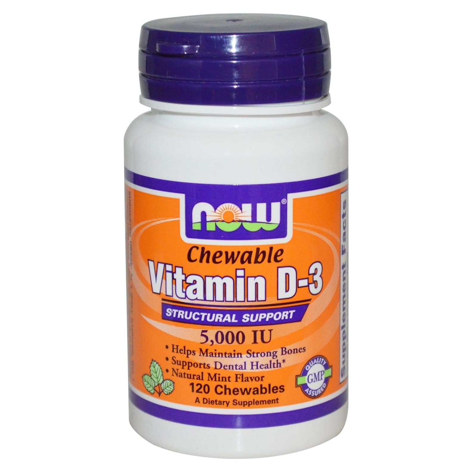 Vitamina D-3 Masticable Now Foods 5000 UI Sabor Menta 120 Unidades