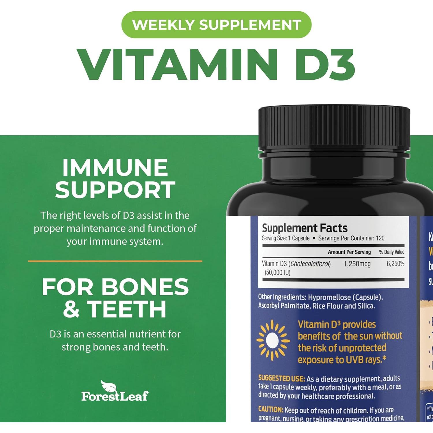 Vitamina D3 50,000 UI ForestLeaf - 120 Cápsulas Semanales