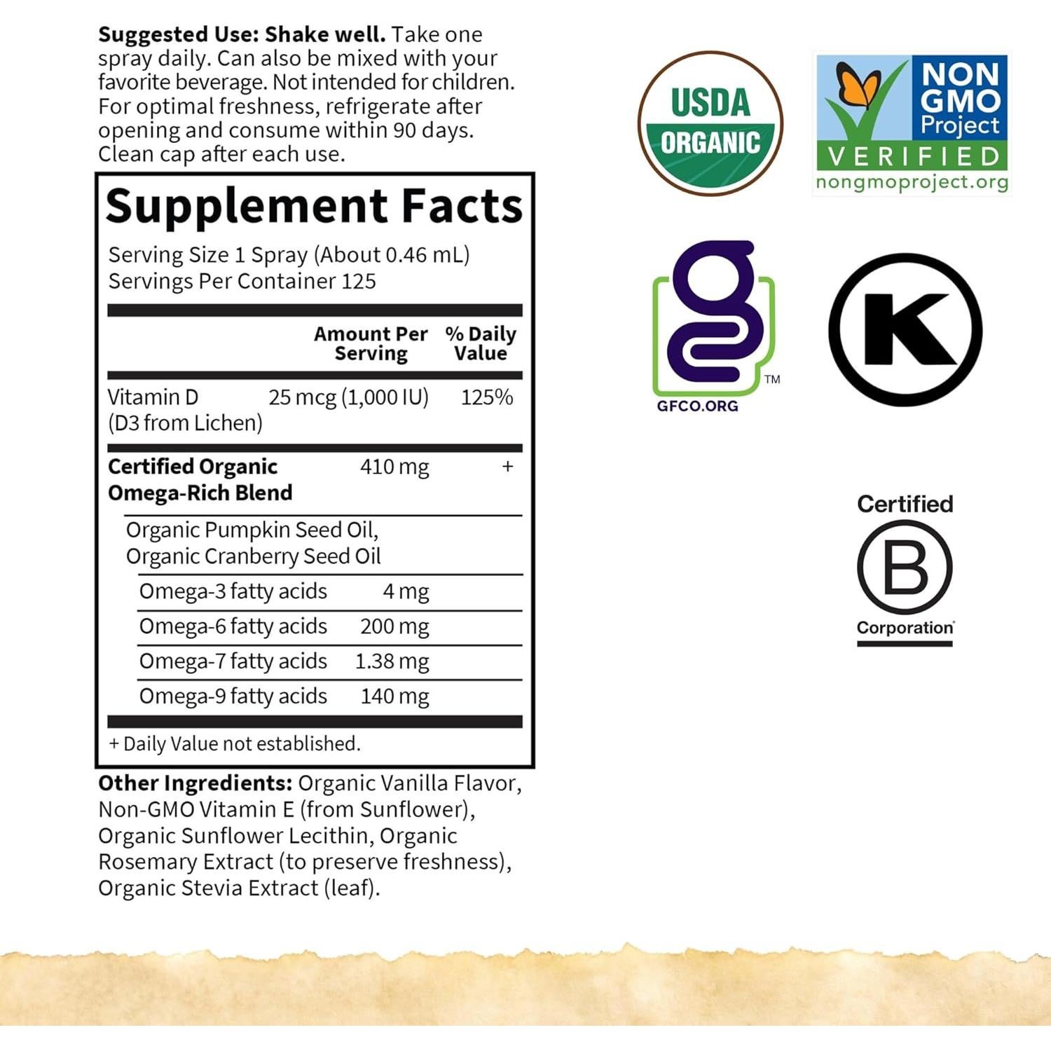 Spray de Vitamina D3 Vegana Jardín de Vida 59 ml Vainilla