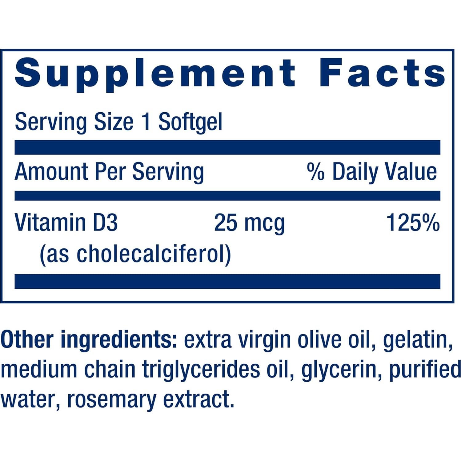 Vitamina D3 25 mcg Life Extension 250 gelatinas blandas