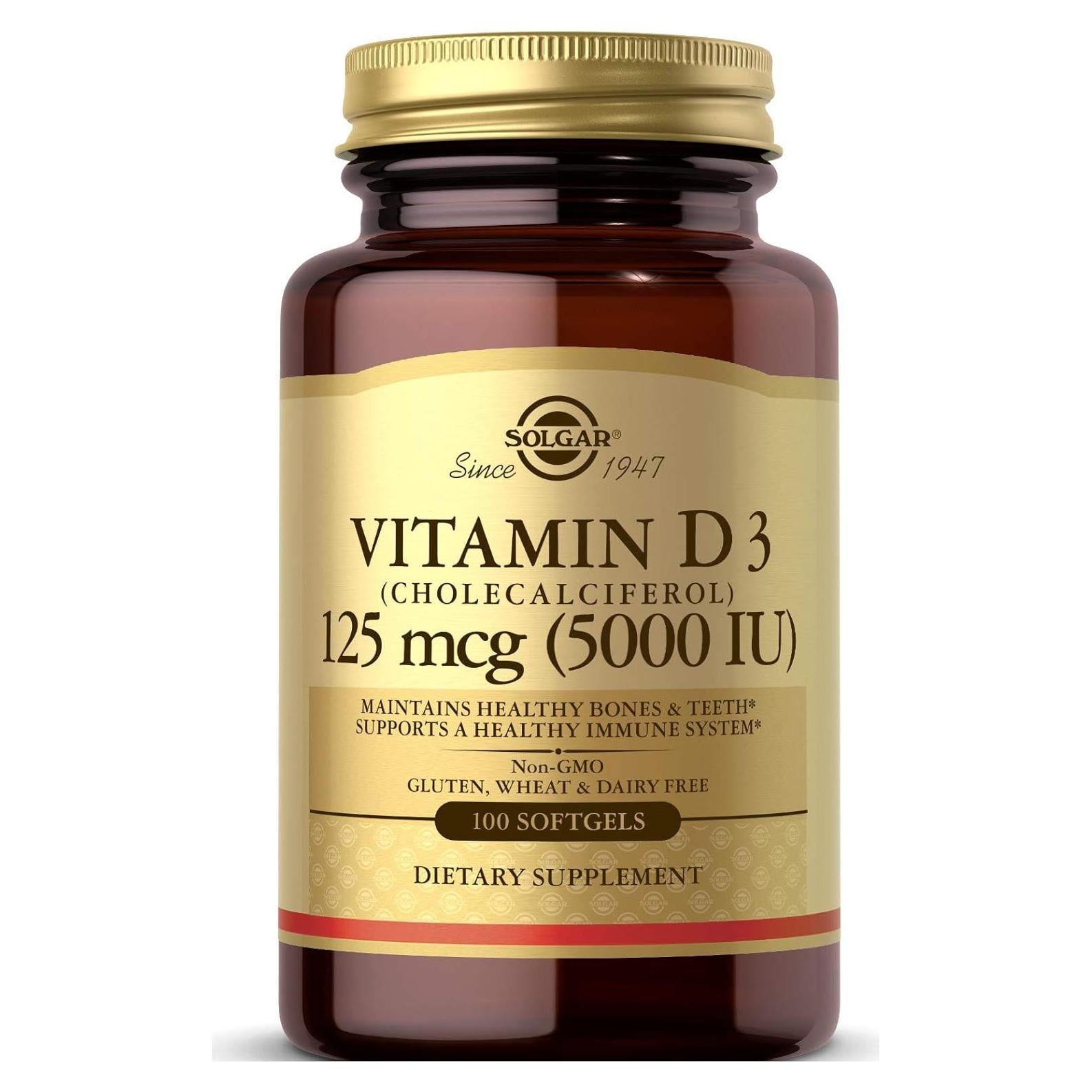 Solgar Vitamina D3 125 mcg (5000 UI) 100 Gelatinas Blandas - Huesos y Sistema Inmunológico Saludables