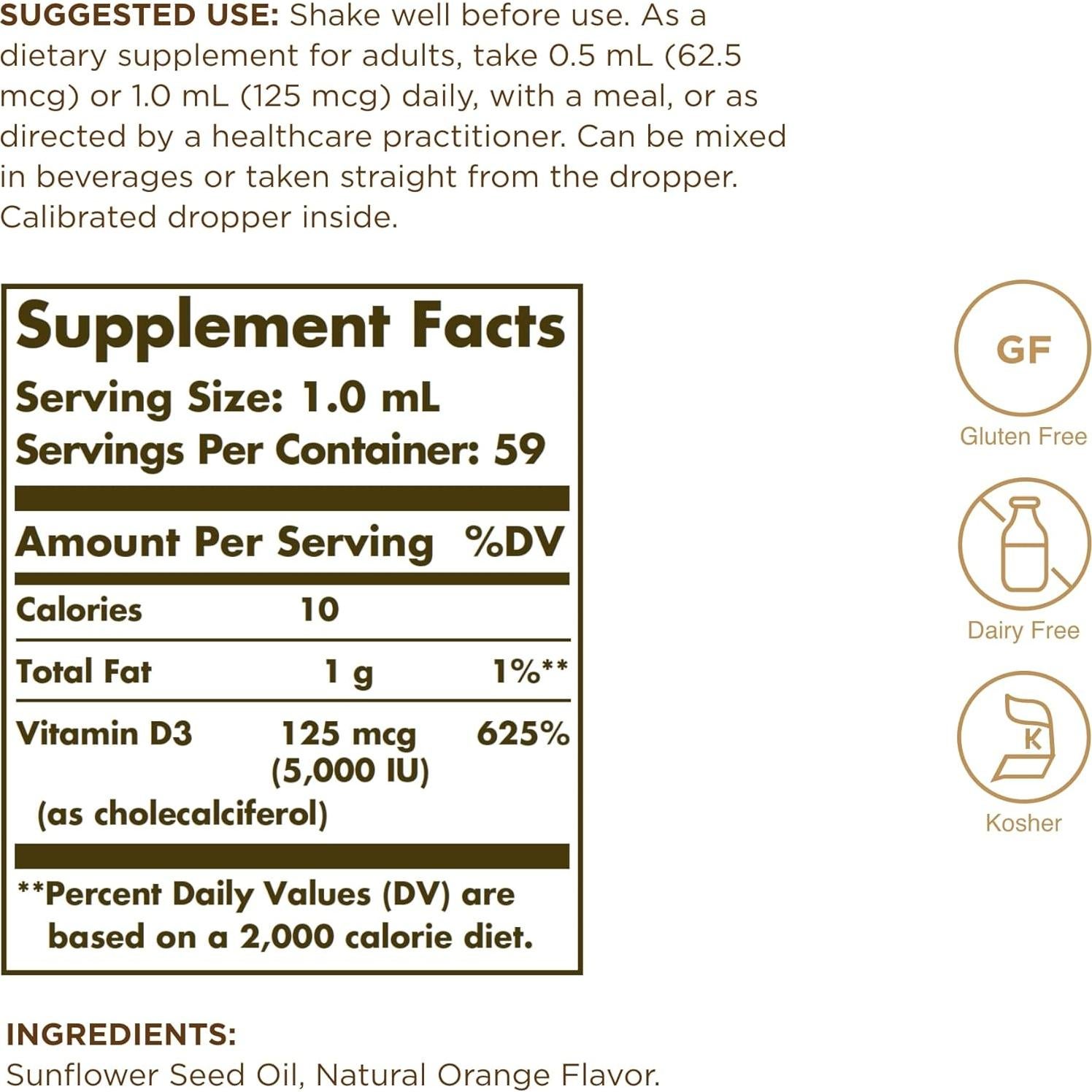 Vitamina D3 Líquida Solgar 125 mcg 59 Porciones Sabor Naranja
