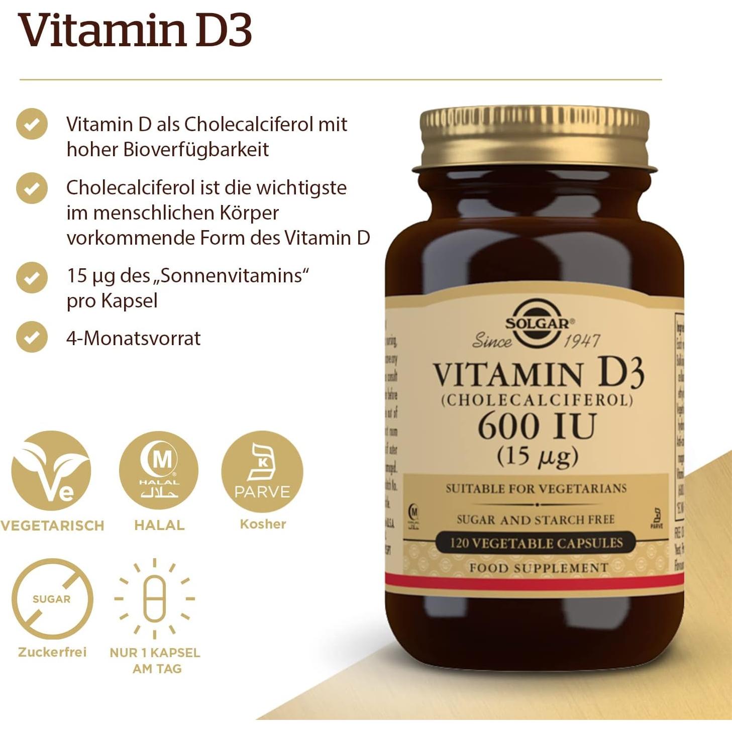 Solgar Vitamina D3 15 mcg 120 Cápsulas Vegetales - Soporte Huesos y Sistema Inmunológico