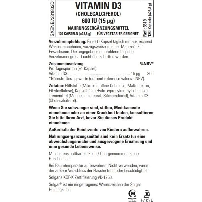 Solgar Vitamina D3 15 mcg 120 Cápsulas Vegetales - Soporte Huesos y Sistema Inmunológico