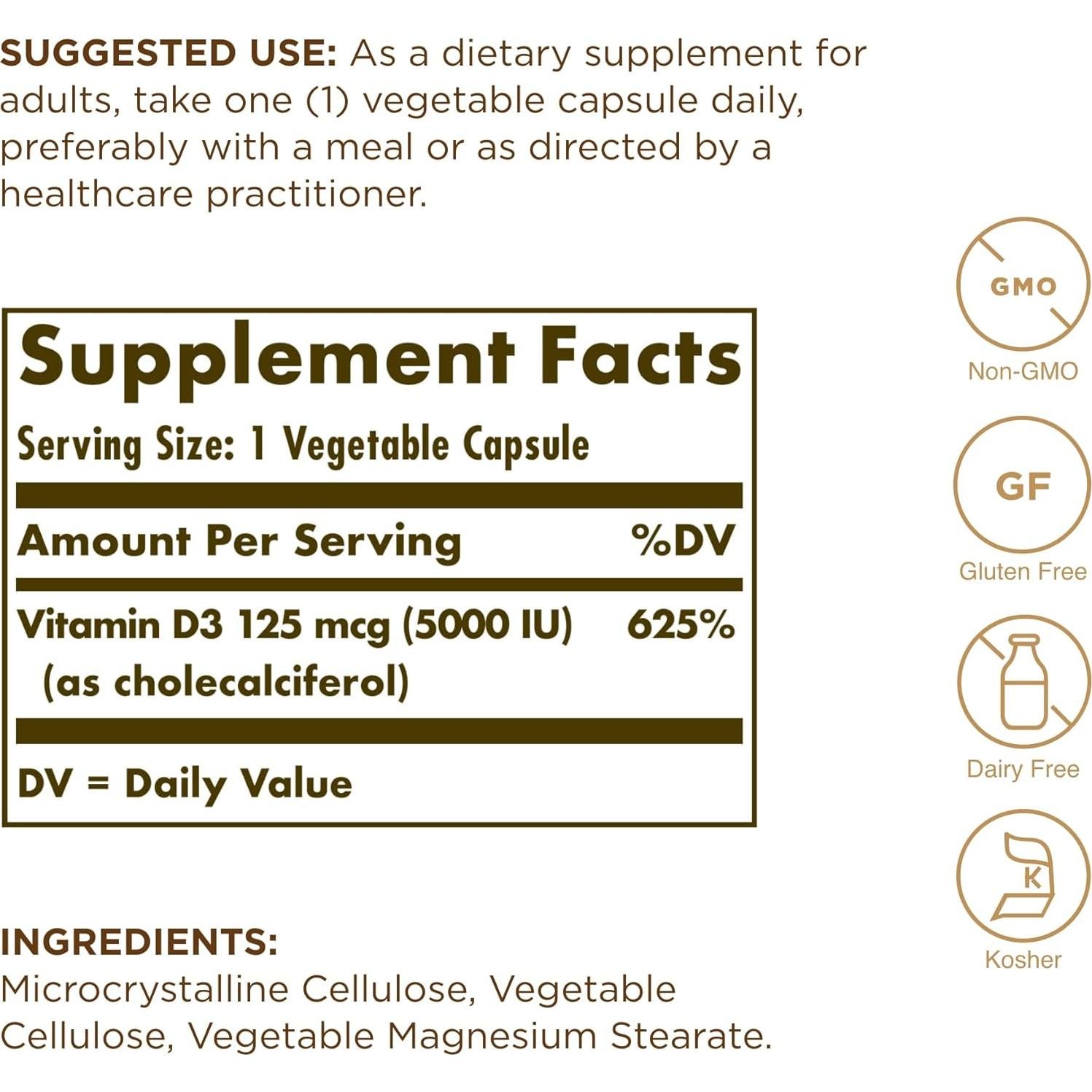 Vitamina D3 Solgar 125 mcg 120 Cápsulas Vegetales - Inmunidad y Huesos